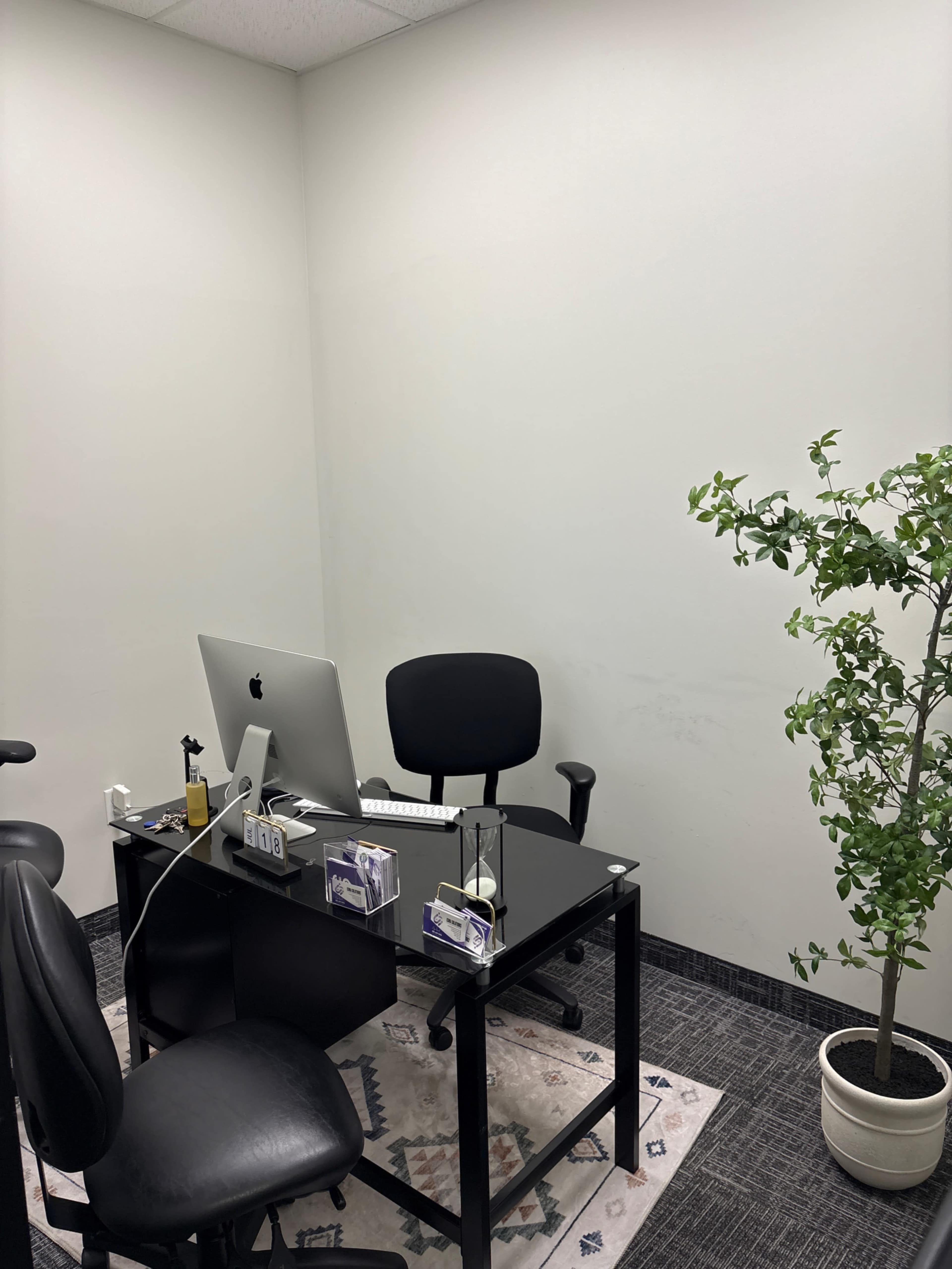 The image shows a small office with a black desk, an ergonomic chair, a computer, and a potted plant in the corner.