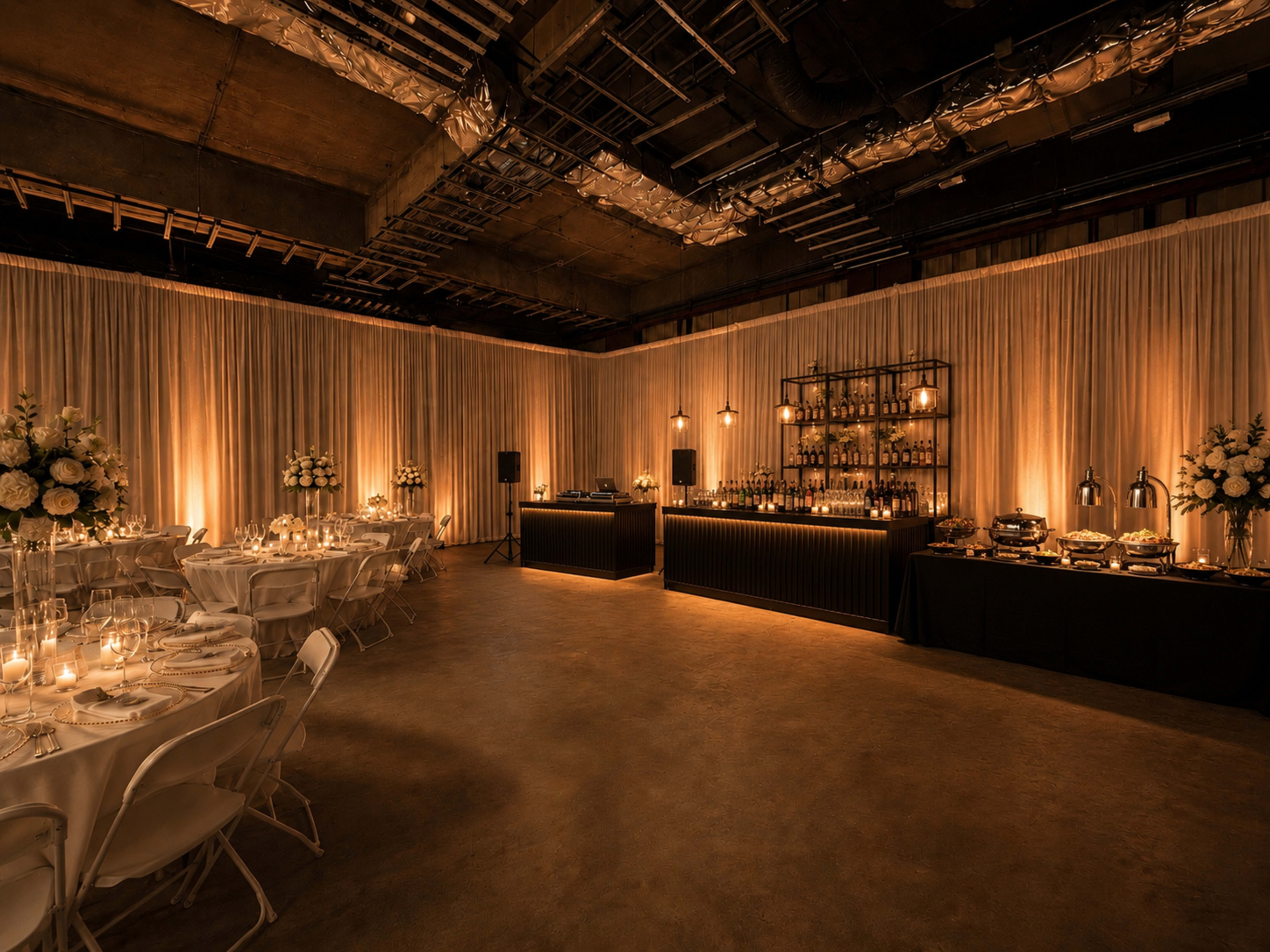 The image shows a banquet hall with elegantly arranged tables, a bar area, and ambient lighting, set up for a formal event.