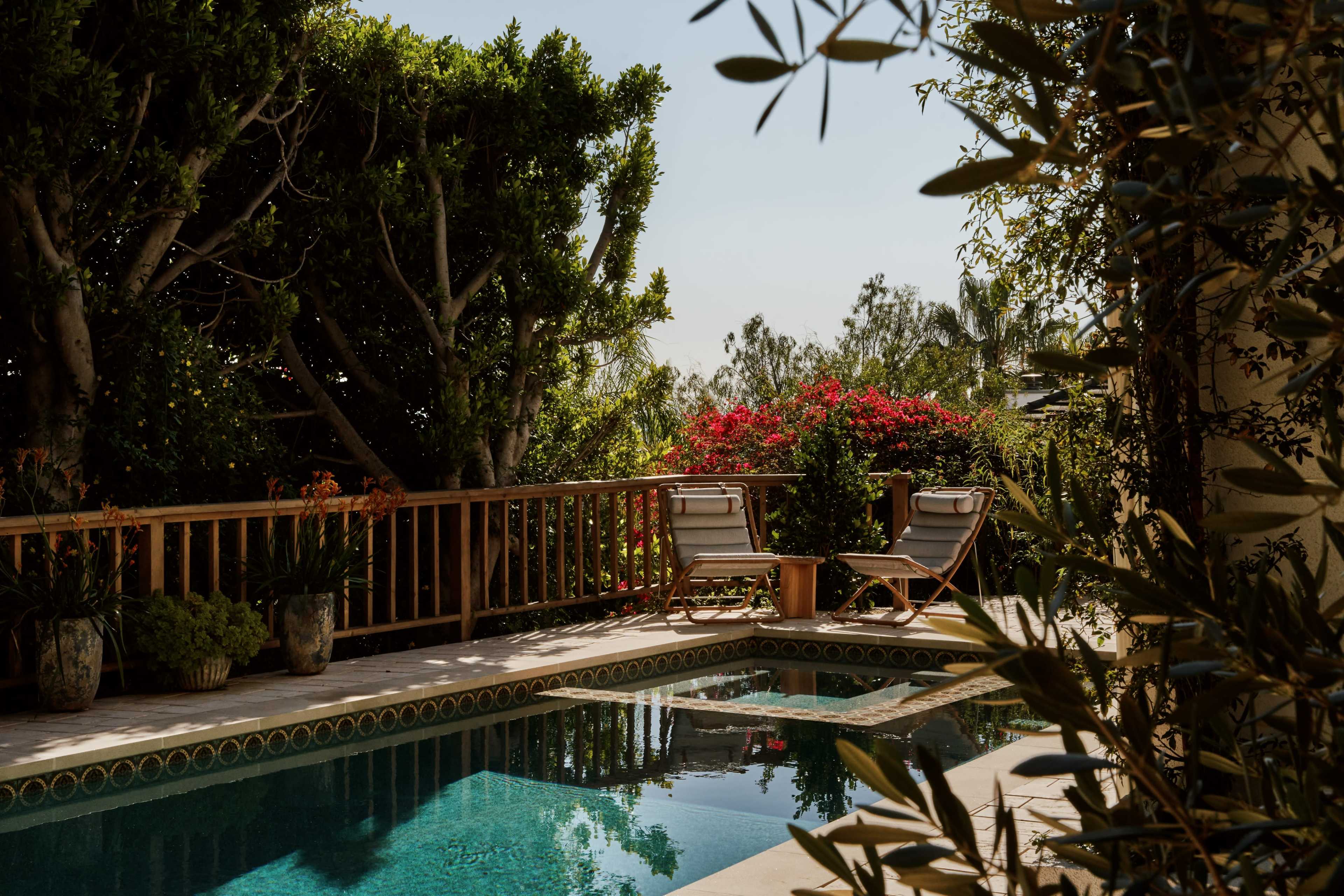 A swimming pool surrounded by greenery and blooming plants features two lounge chairs on a wooden deck.