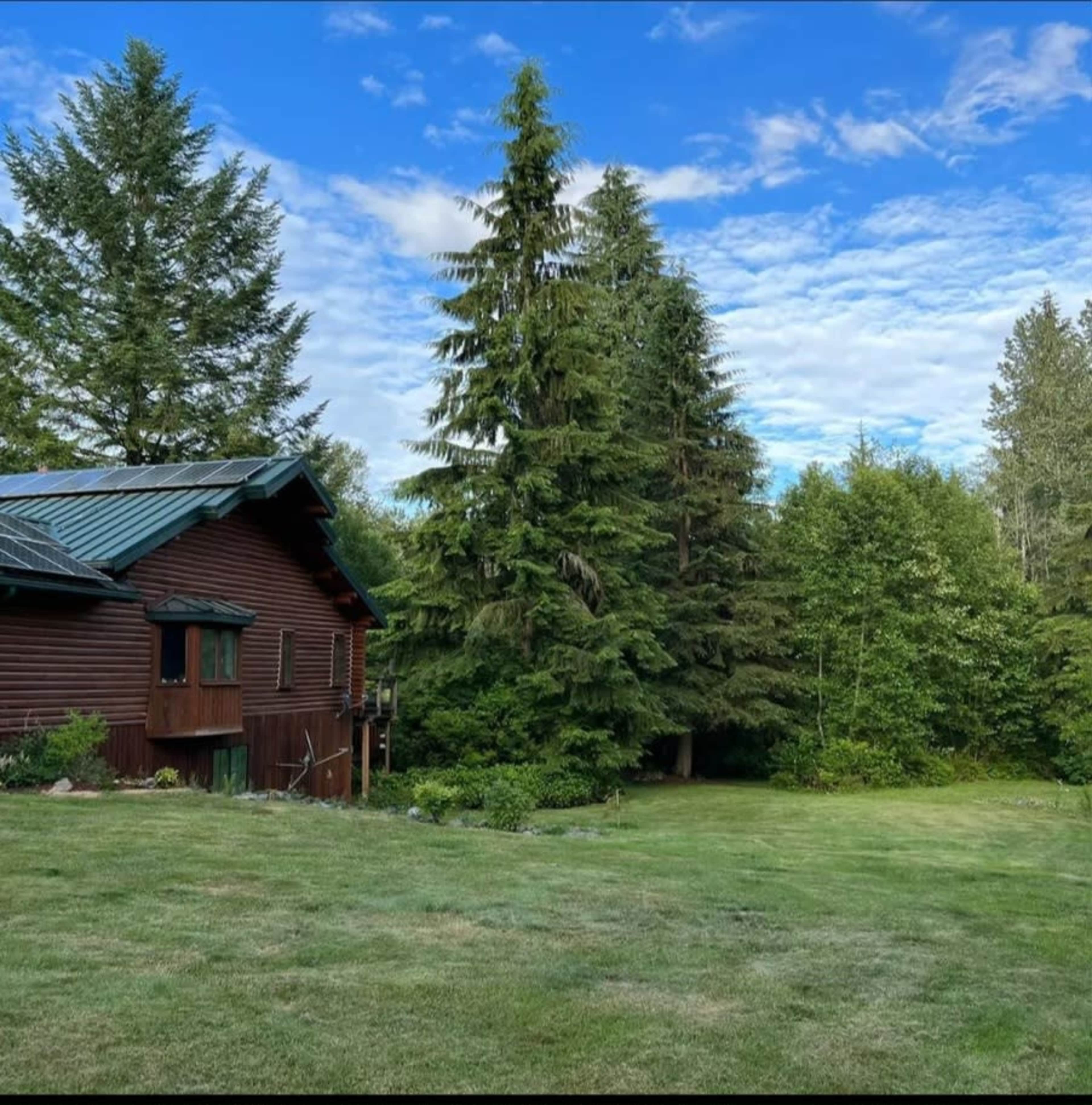 A wooden cabin is surrounded by tall evergreen trees and a green lawn under a partly cloudy sky.