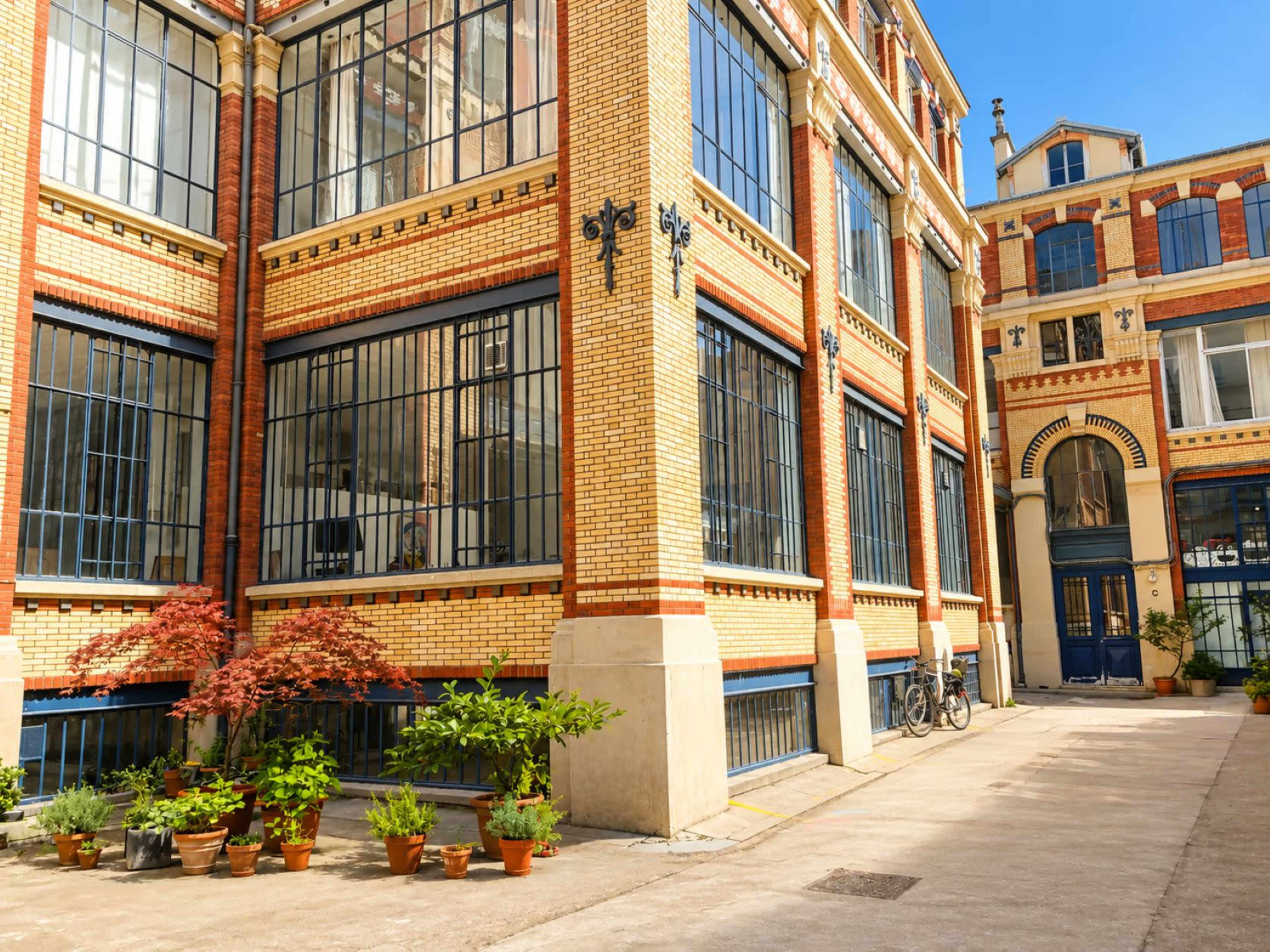 The image shows a courtyard of a brick building with large windows, featuring potted plants and a bicycle near the entrance.
