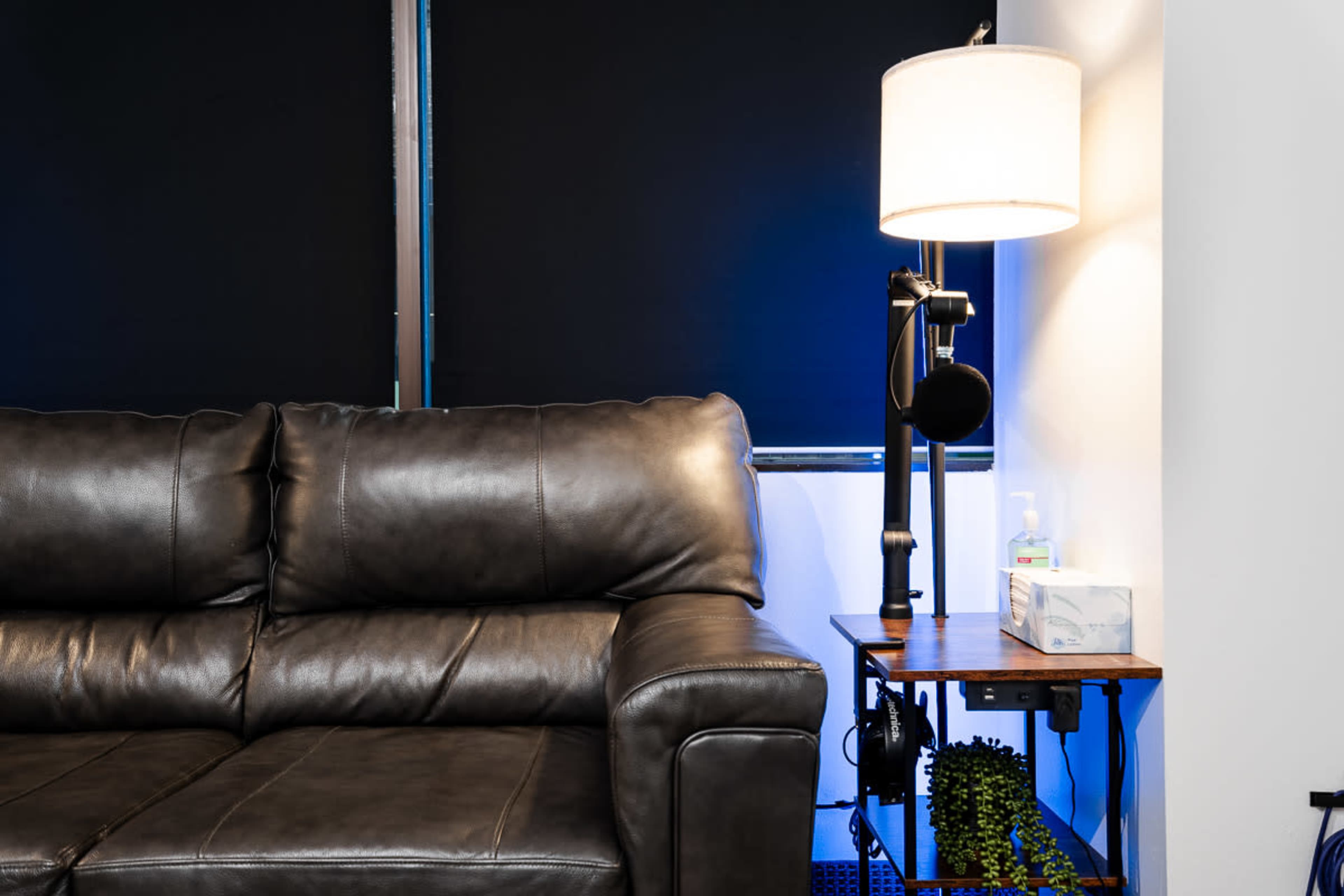 The image shows a brown leather sofa next to a lamp and a small table with a box and a plant.