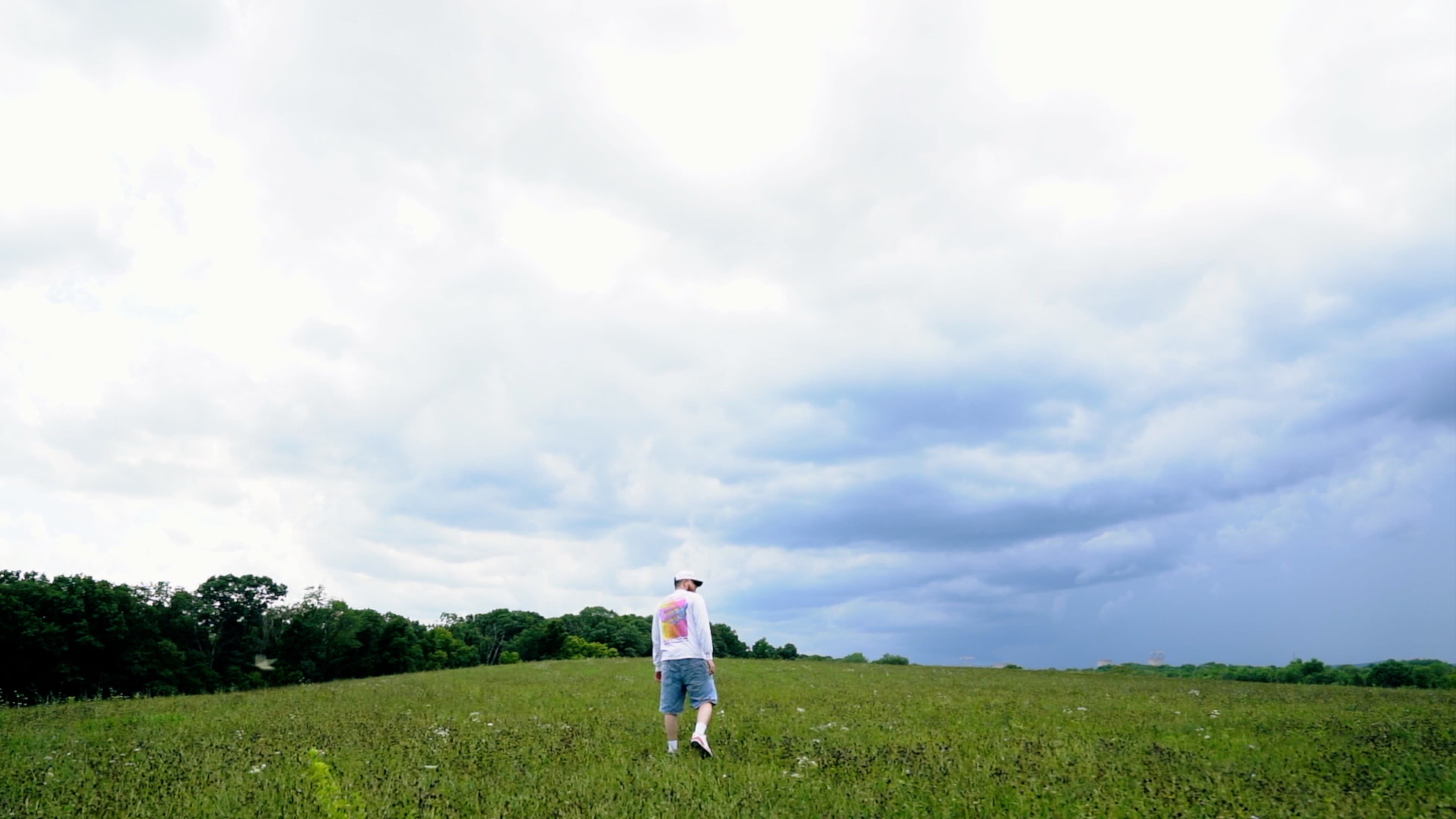 A person walks through a field under a cloudy sky.
