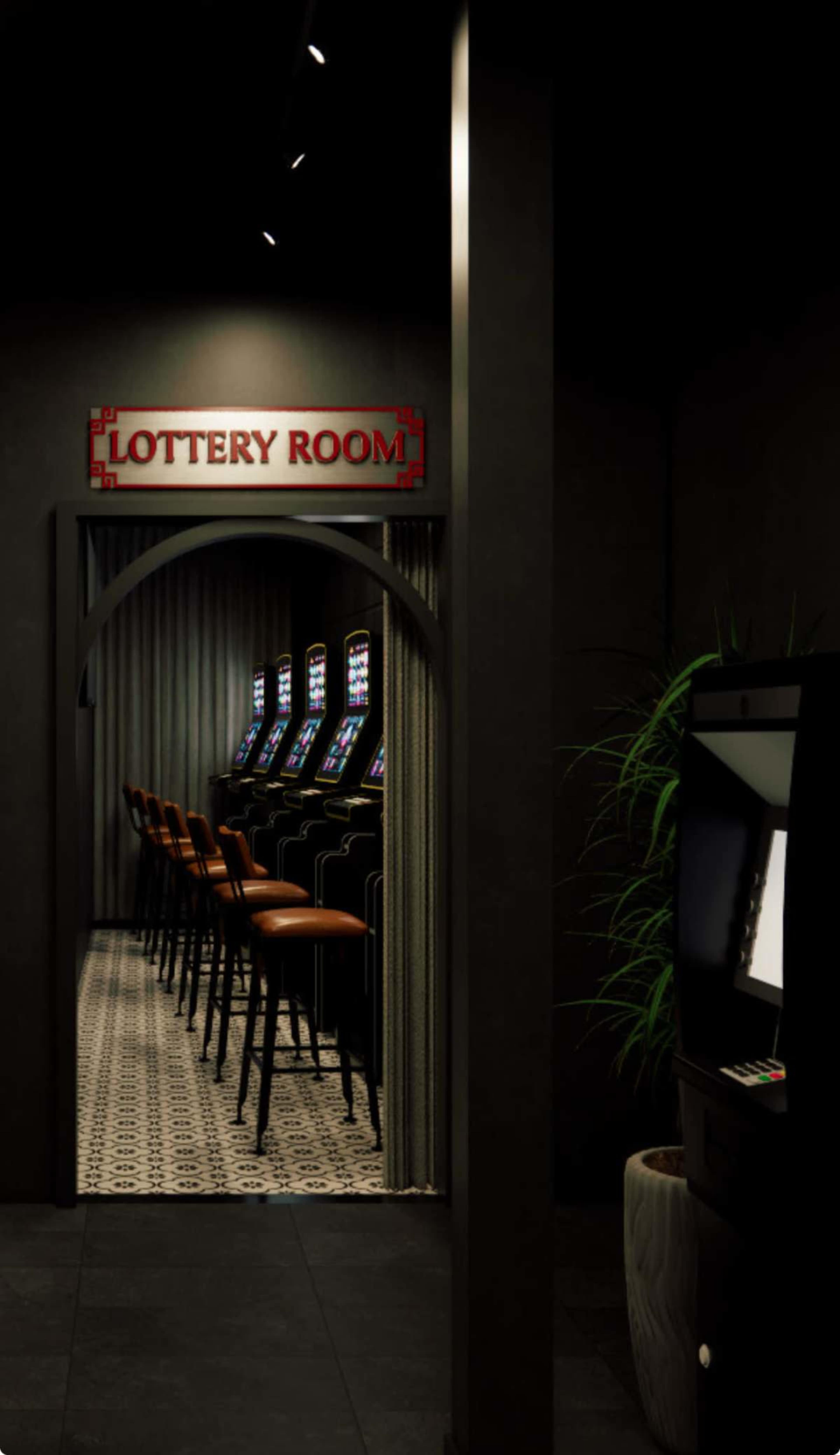 The image shows a dark corridor leading to a lottery room with several slot machines and empty stools arranged neatly.