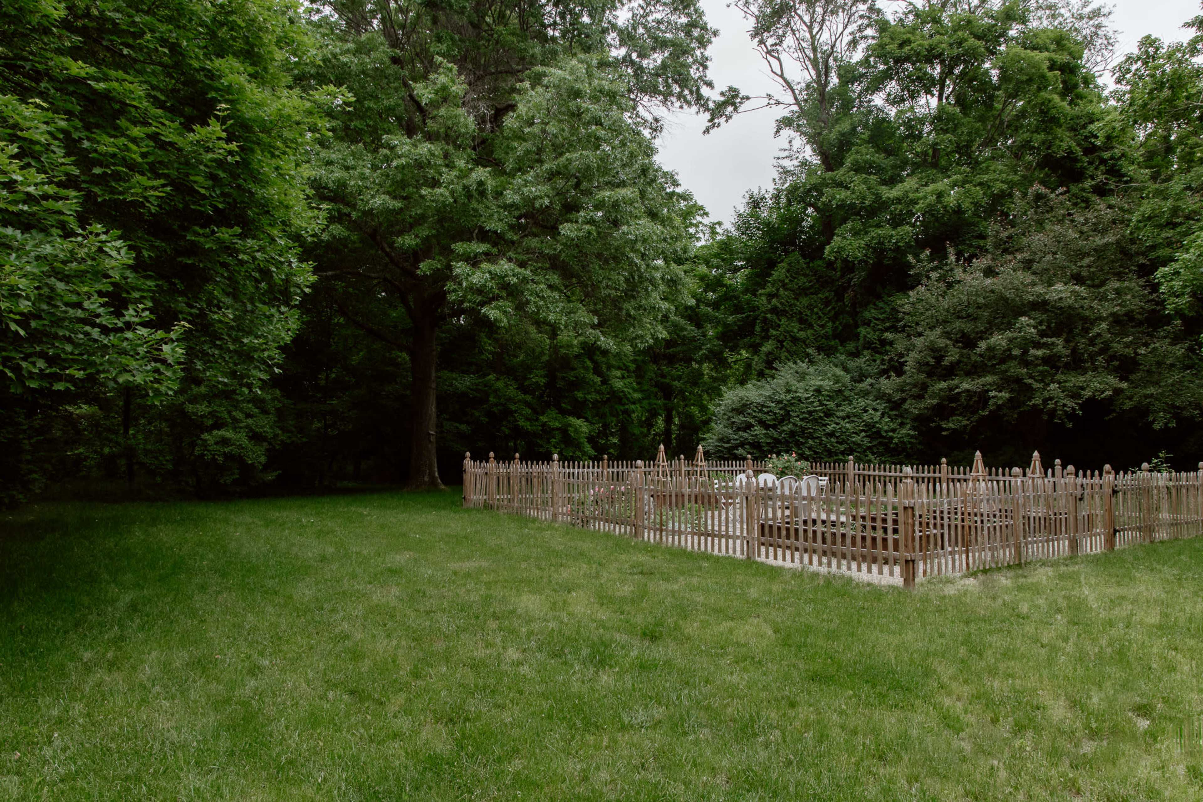 A small, fenced enclosure is surrounded by tall trees and thick greenery in a grassy area.