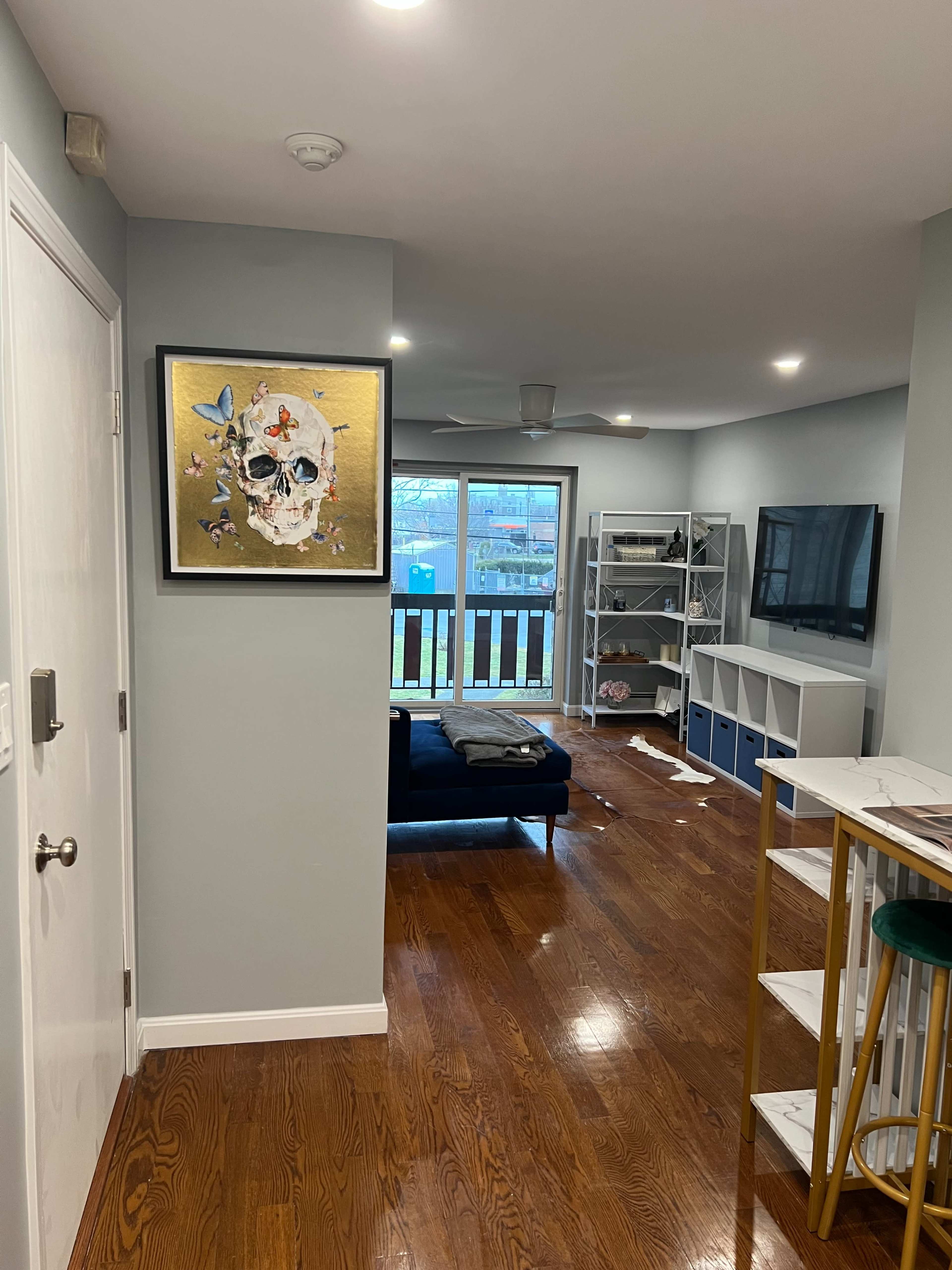 A hallway leading to a living area with a blue couch, a television, and a wall adorned with a framed art piece featuring a skull and butterflies.