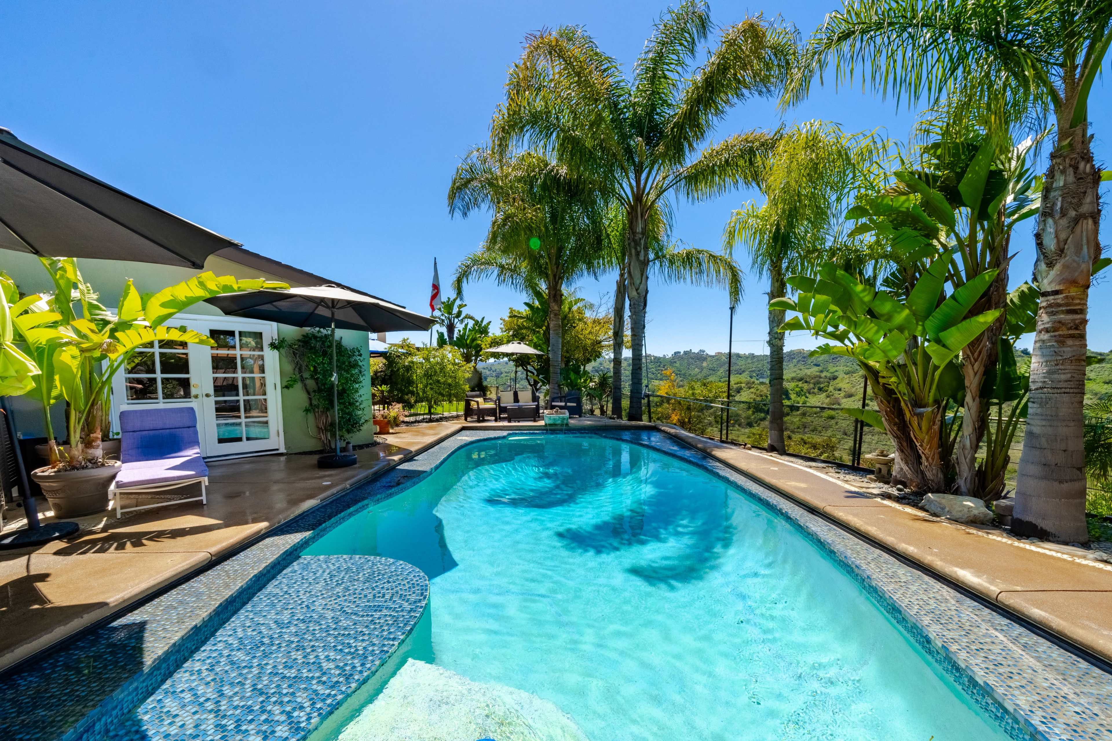 The image shows a swimming pool surrounded by palm trees and tropical plants, adjacent to a house with outdoor seating.