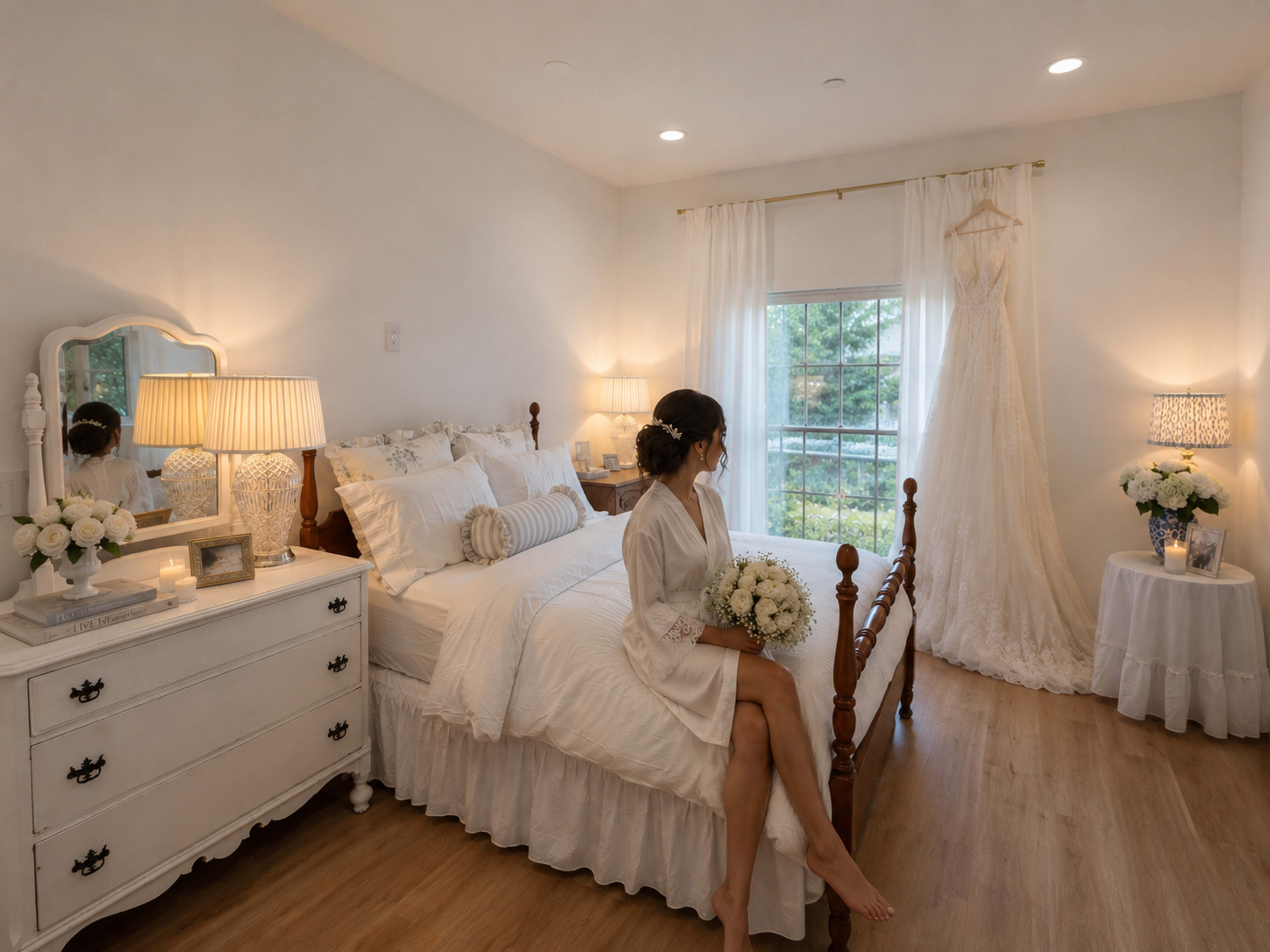 A bride sits on the edge of a bed in a well-lit bedroom, holding a bouquet, while a wedding dress hangs near the window.