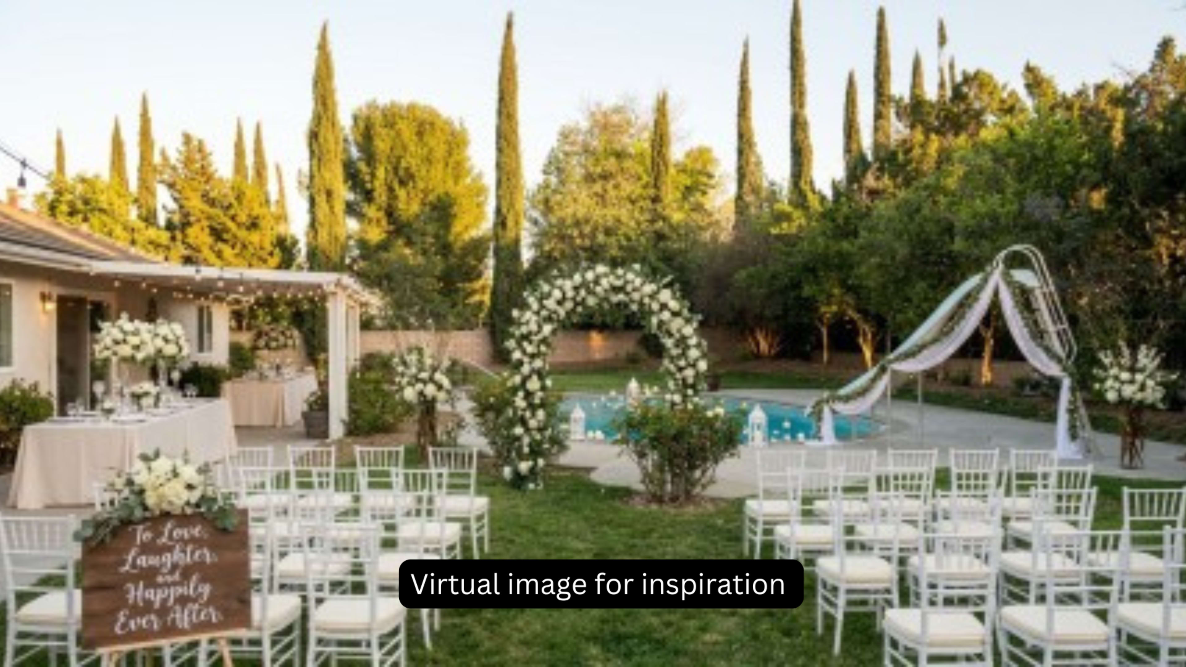 A garden wedding setup features white chairs arranged in rows facing an arch adorned with flowers, a pool in the background, and a slide nearby.