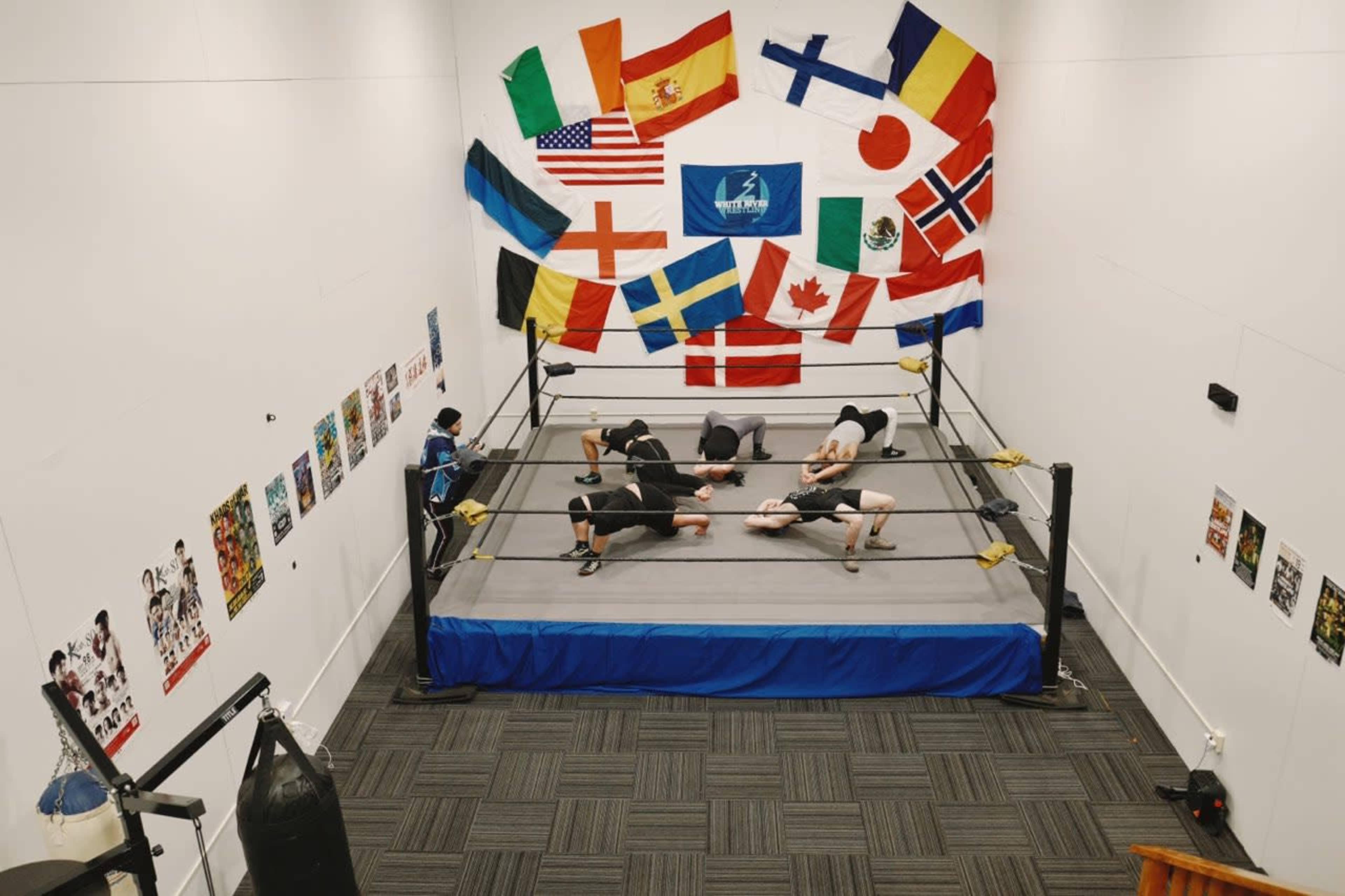 A wrestling gym features a central ring surrounded by various national flags and posters on the walls.