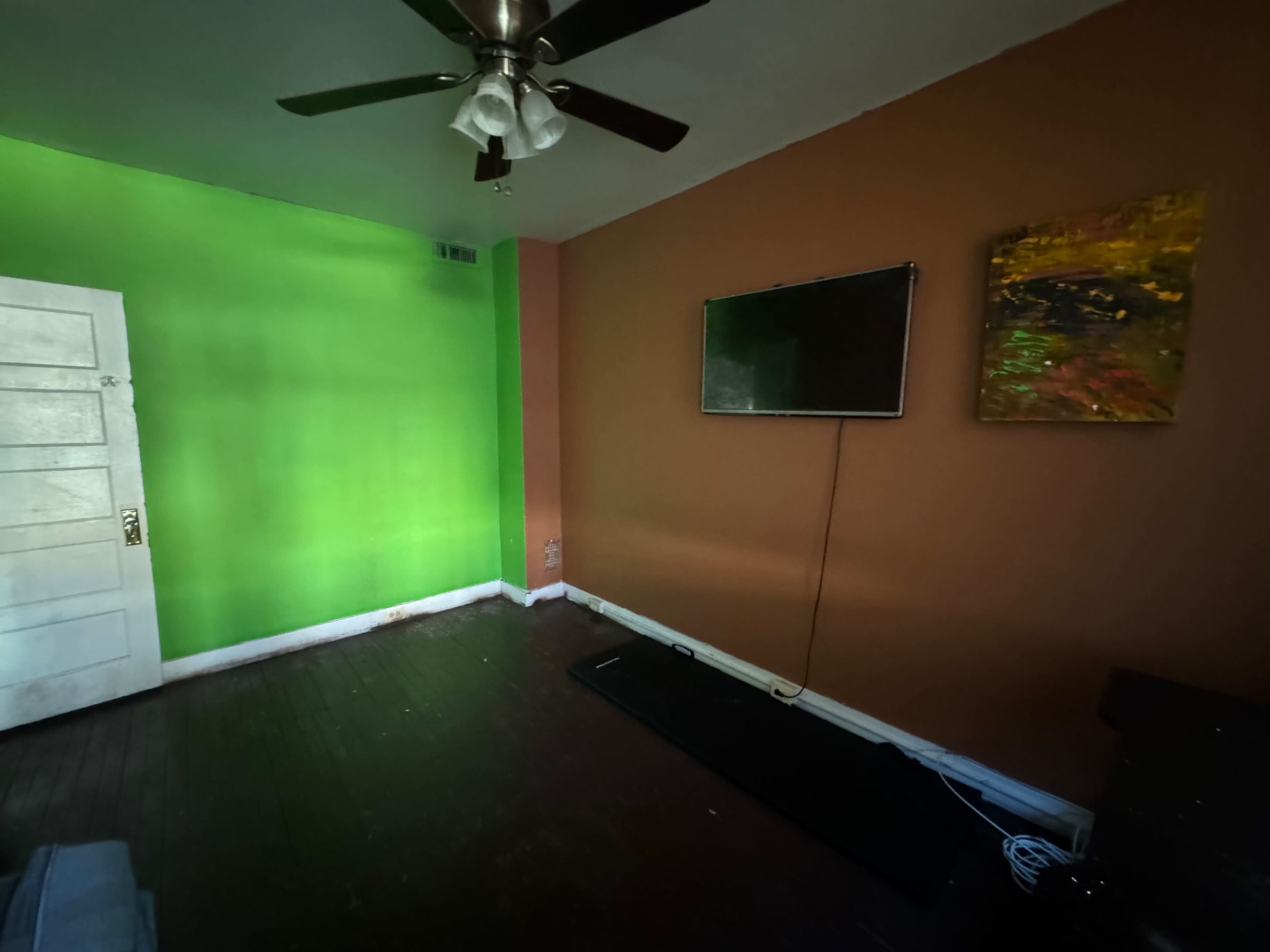The room features a green wall with a television mounted on an orange wall, a ceiling fan, and hardwood flooring.