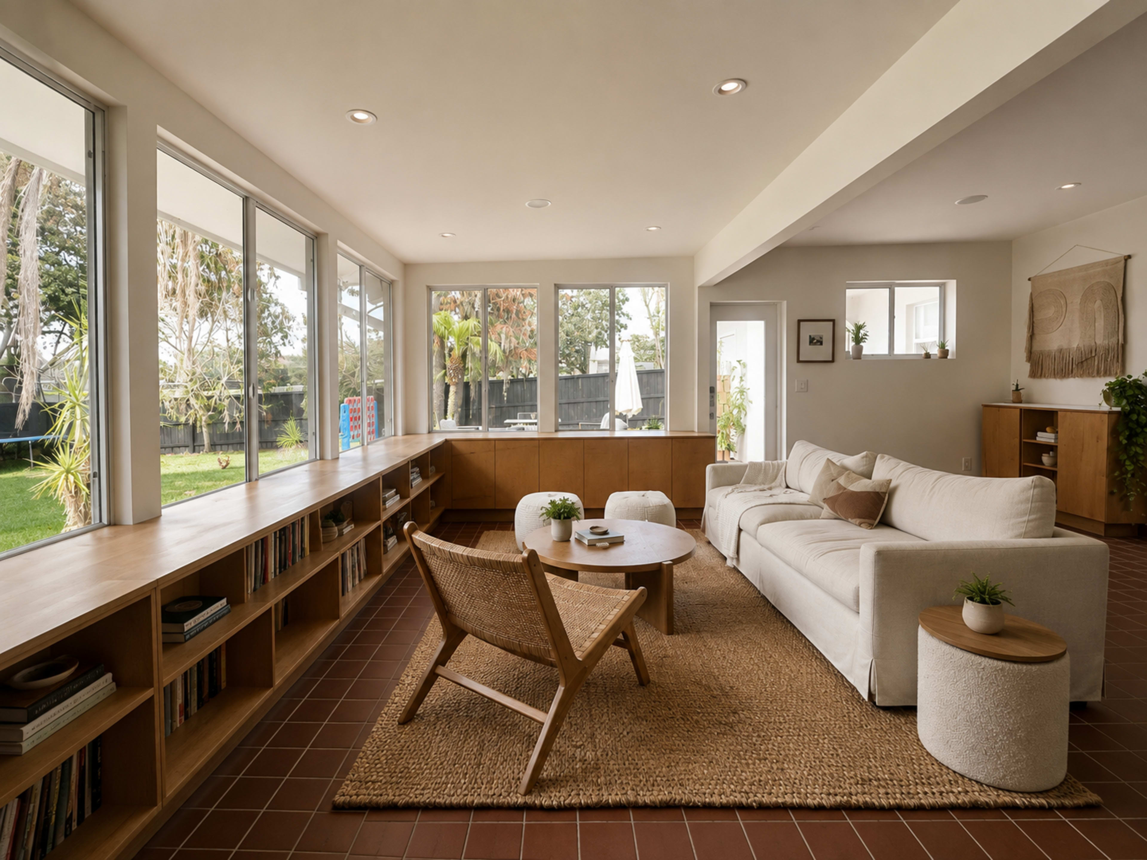 The living room features a light-colored sofa, a round coffee table, and large windows that provide views of a landscaped yard.