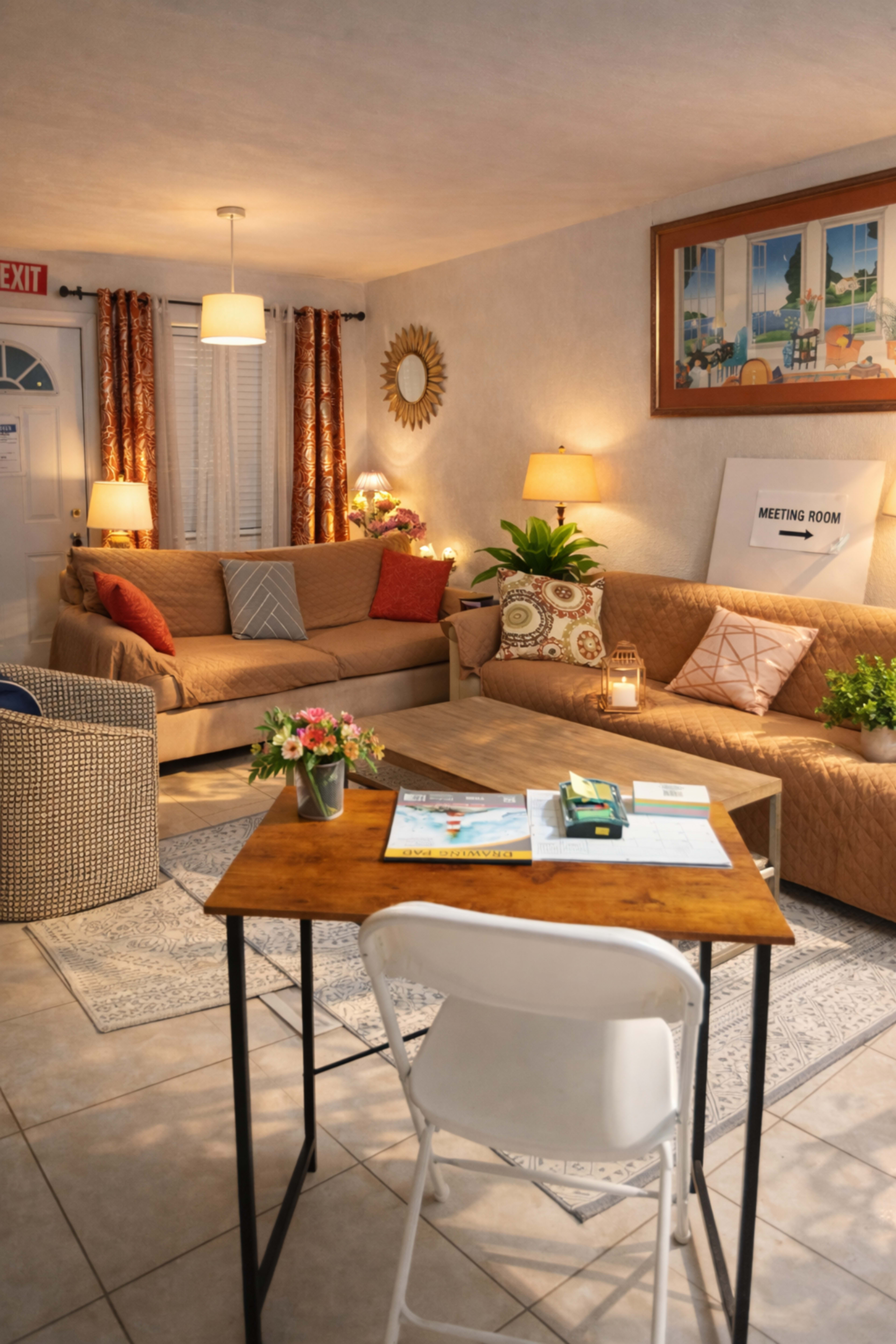 The image shows a cozy living room with two sofas, a small table, a plant, and decorative elements, illuminated by soft lighting.