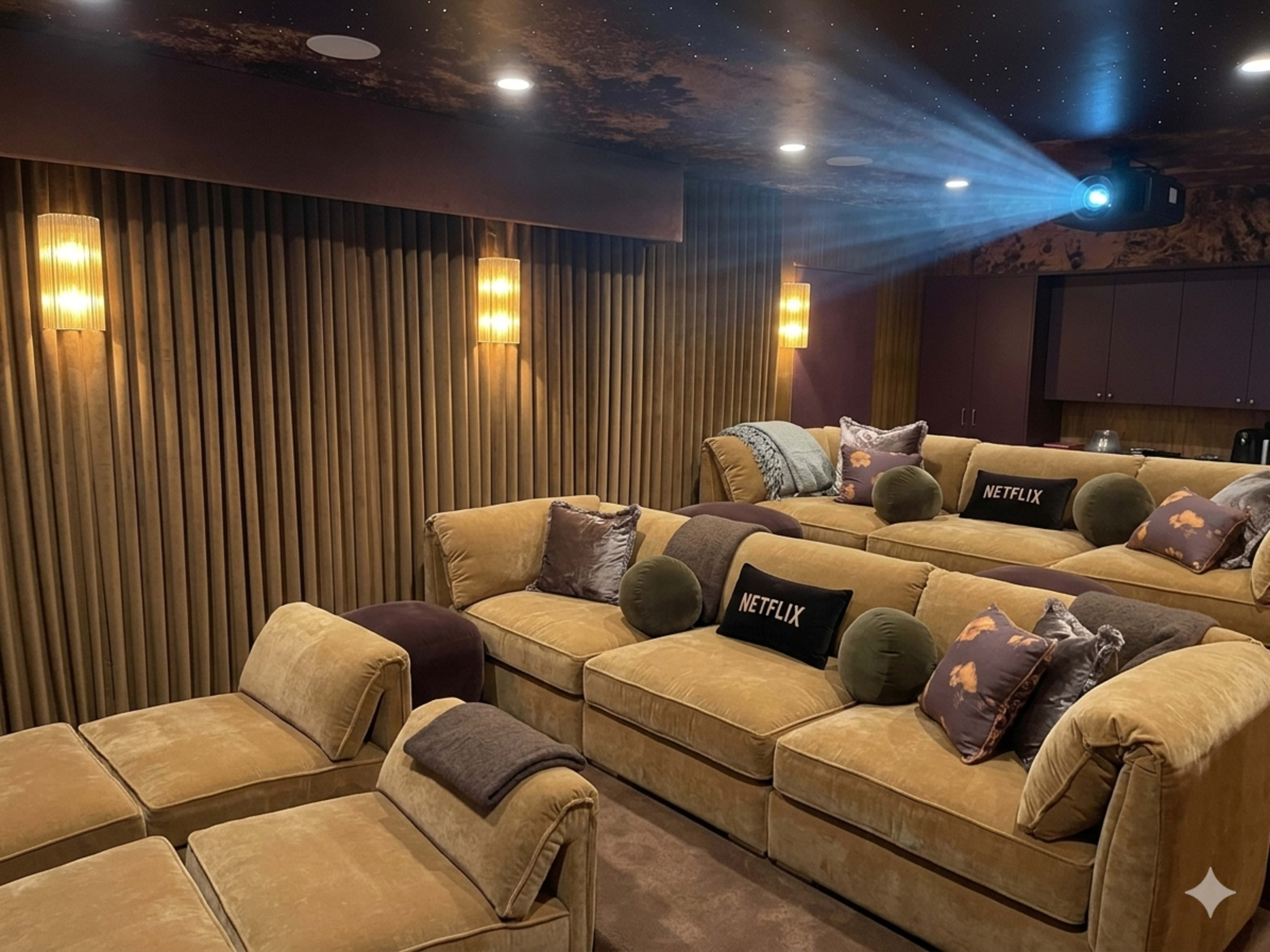 The image shows a home theater room with plush seating, a projector illuminated by a beam of light, and walls adorned with curtains and ambient lighting.