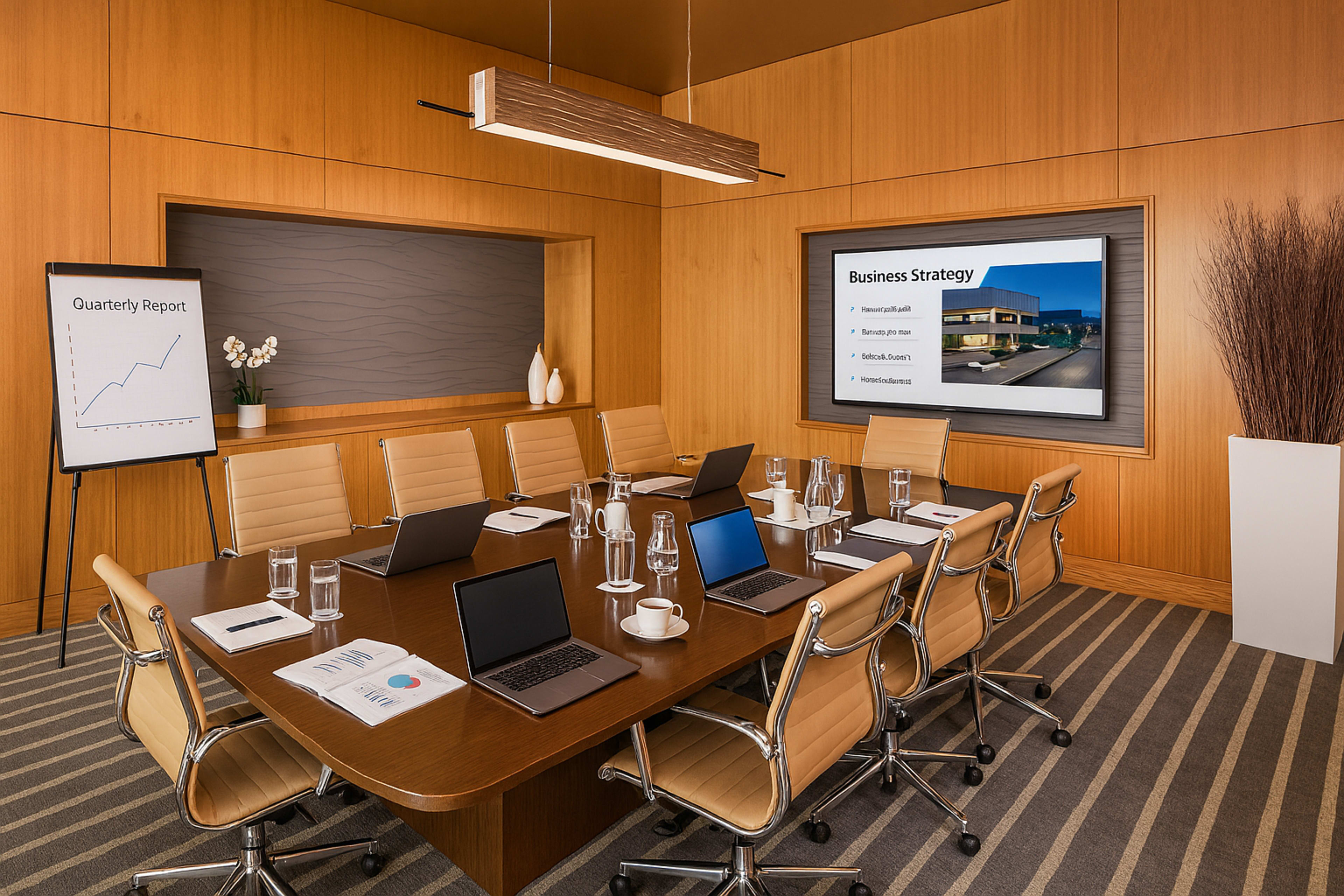 A modern conference room features a large wooden table surrounded by beige chairs, with a presentation screen displaying a business strategy and a flip chart beside it.