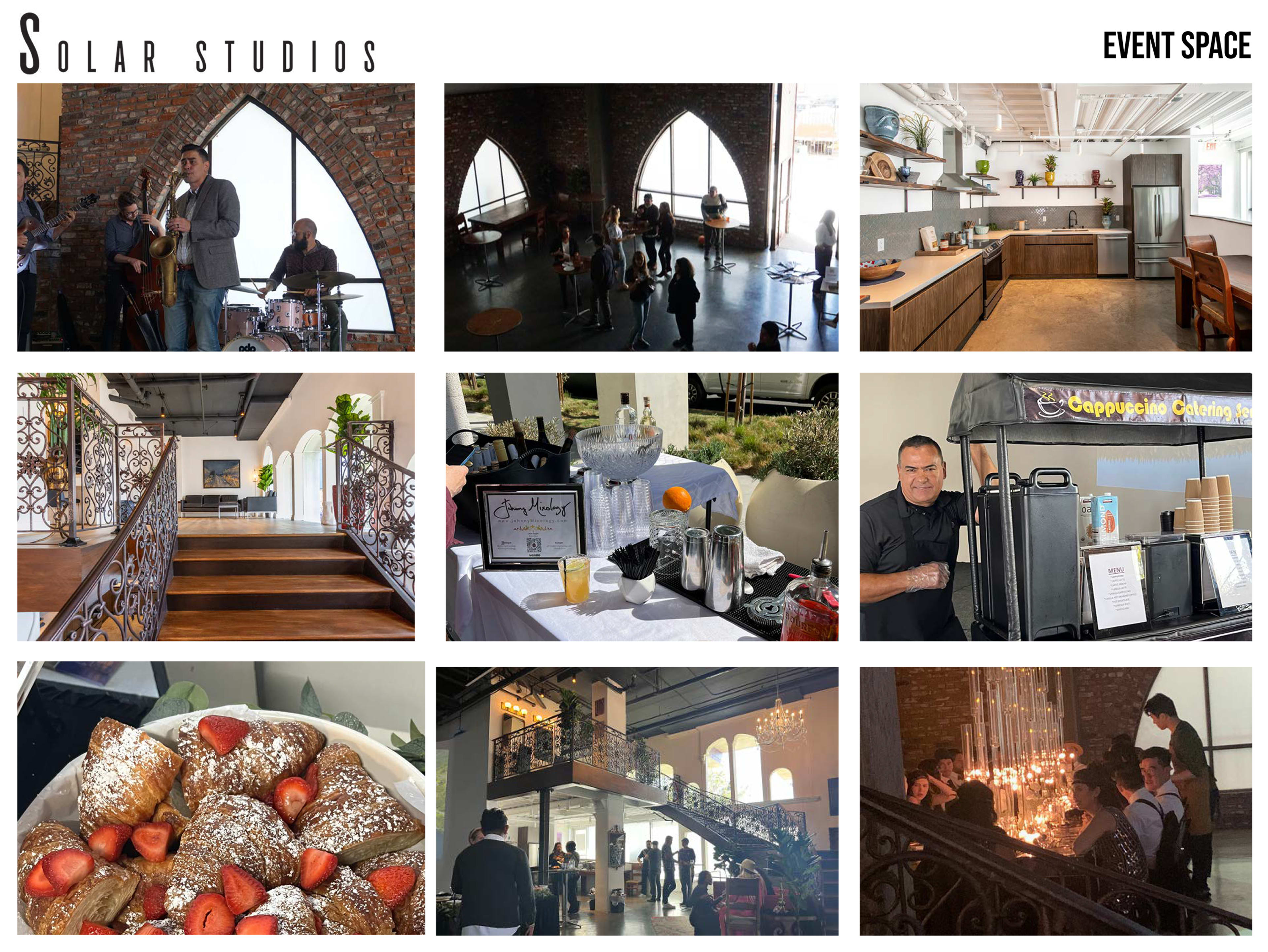 Solar Studios features a variety of settings for events, including a performance area with a band, a modern kitchen space, open areas with decorative railings, and dining options with food and drinks.