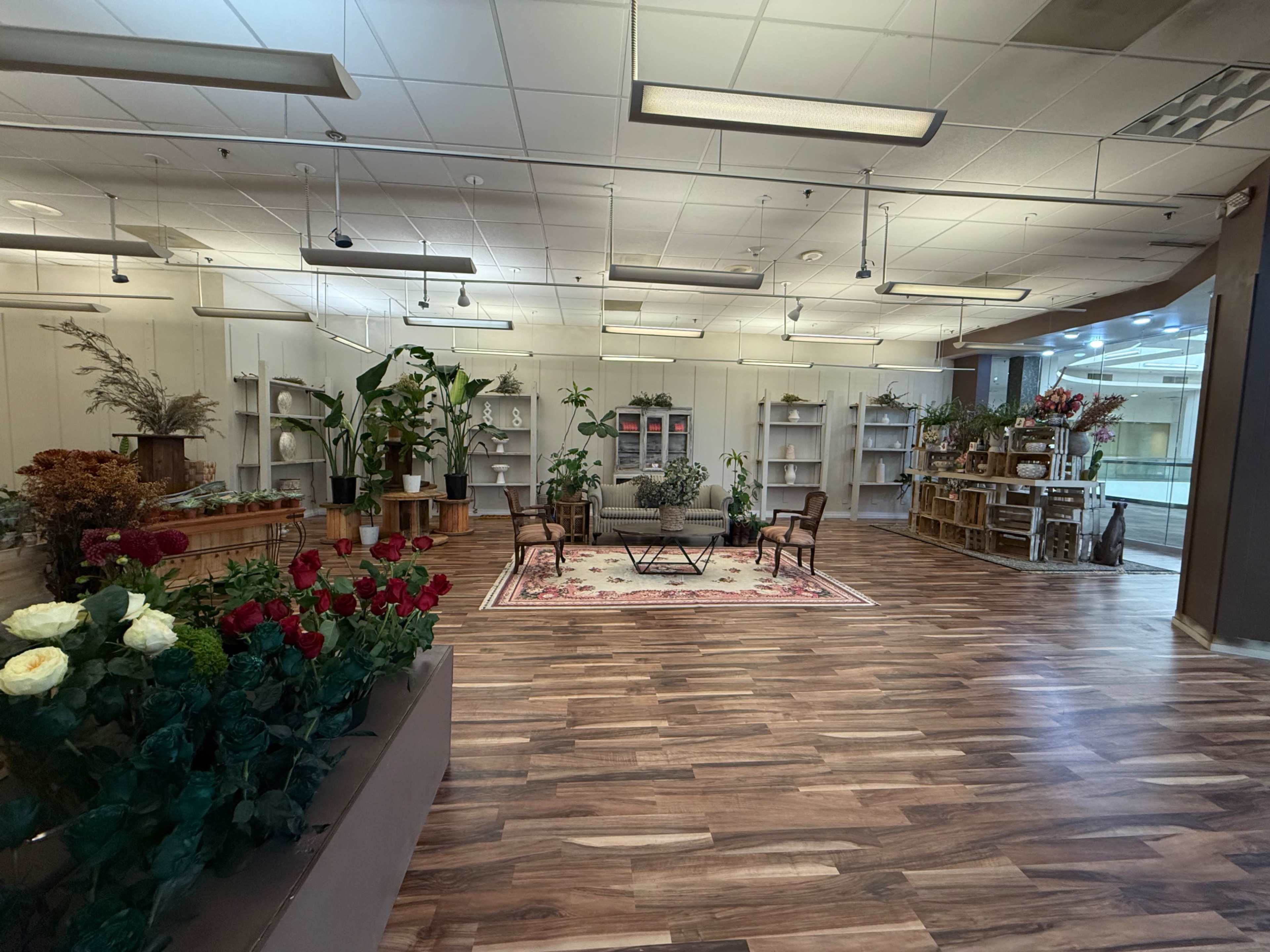 The image shows a spacious interior with wooden flooring, featuring a seating area with two chairs, a small table, plants, and decorative shelving units along the walls.
