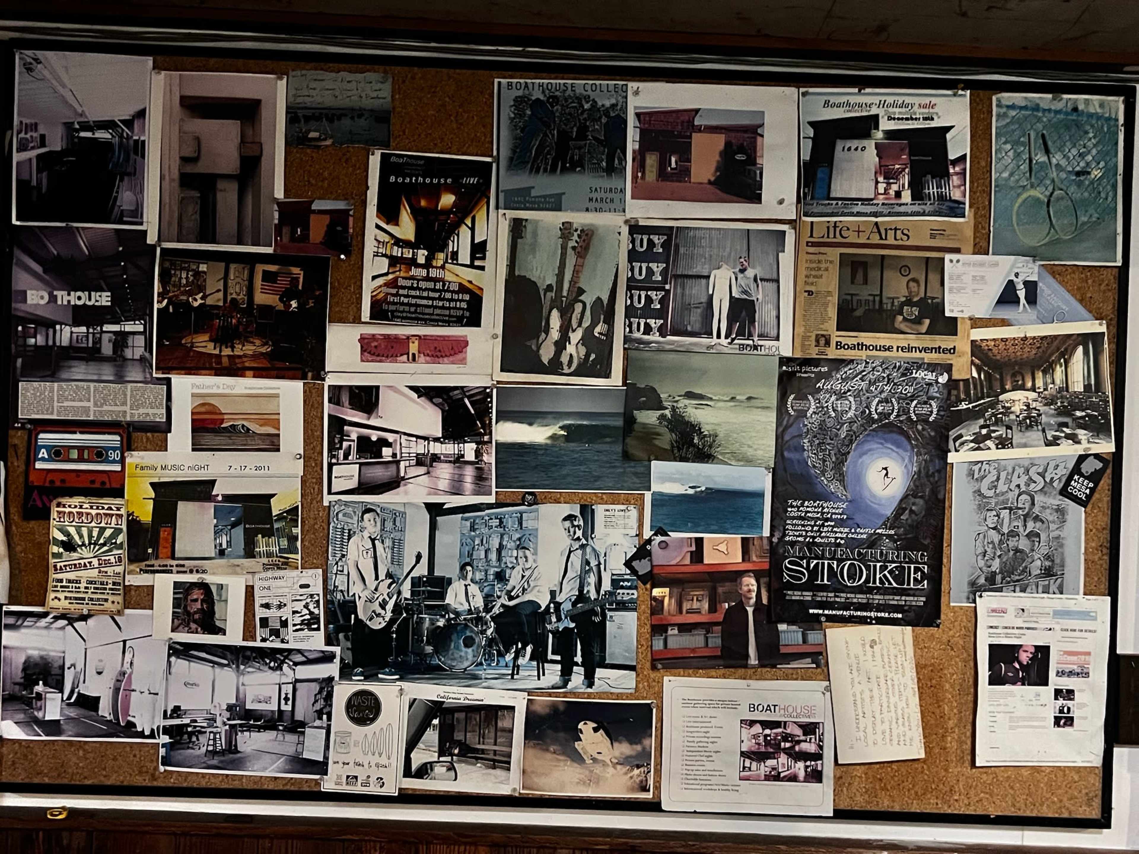 The image shows a corkboard filled with a collage of photographs, flyers, and articles related to various events and places, including music, art, and local history.