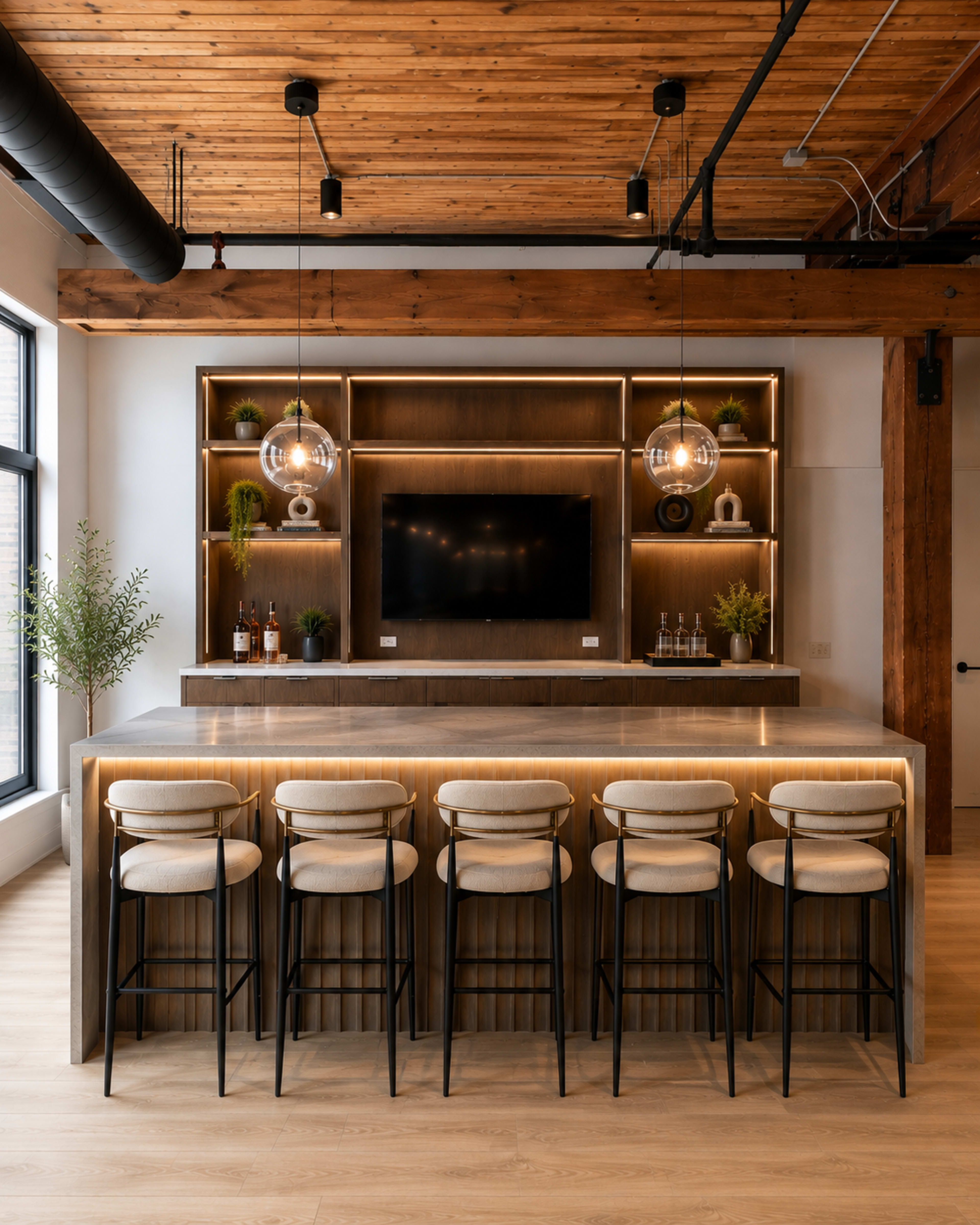 The image shows a modern bar area with a wooden ceiling, a spacious countertop, backlit shelving with decorative items, and six bar stools.
