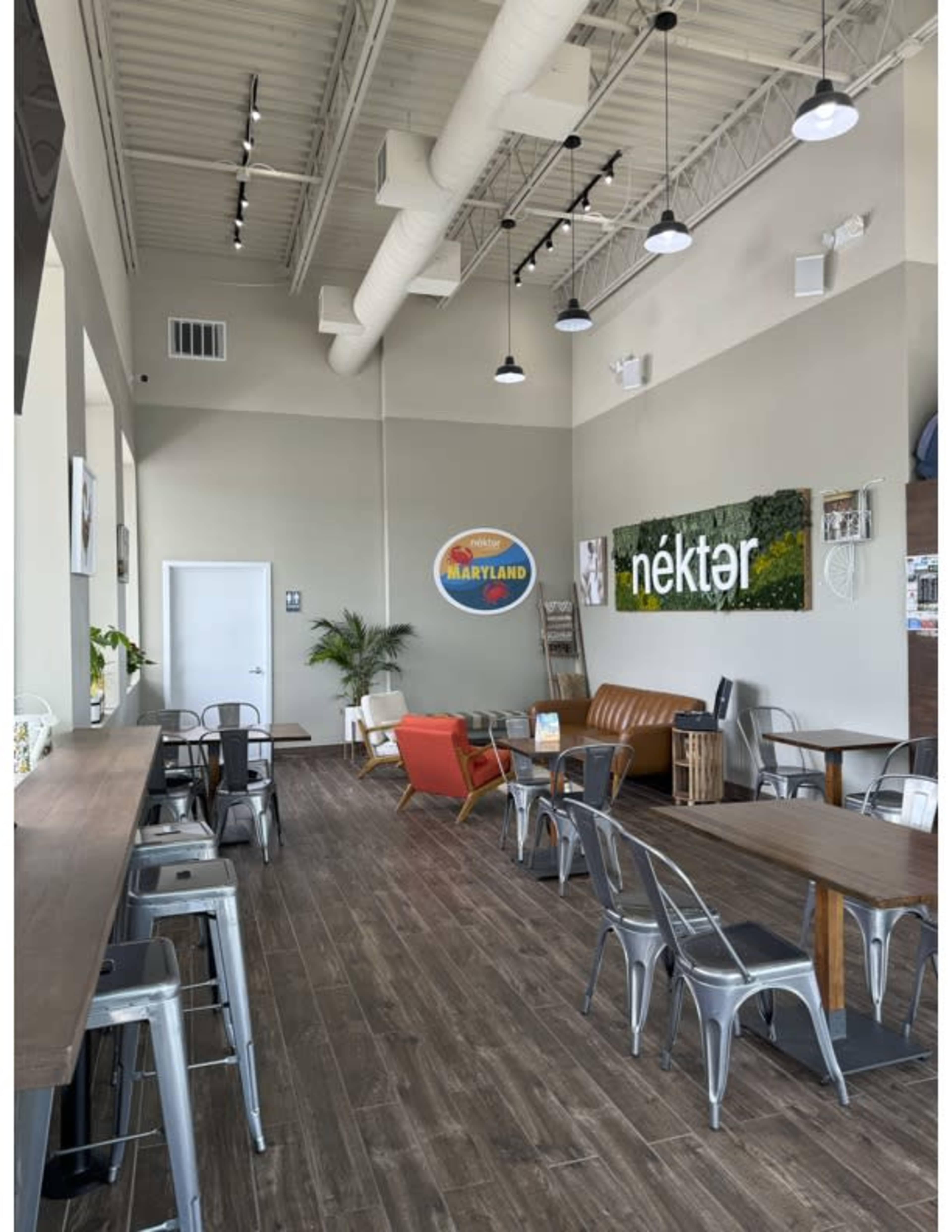 The interior of a café features a combination of seating arrangements, including metal chairs and wooden tables, with greenery on the walls and decorative signage.