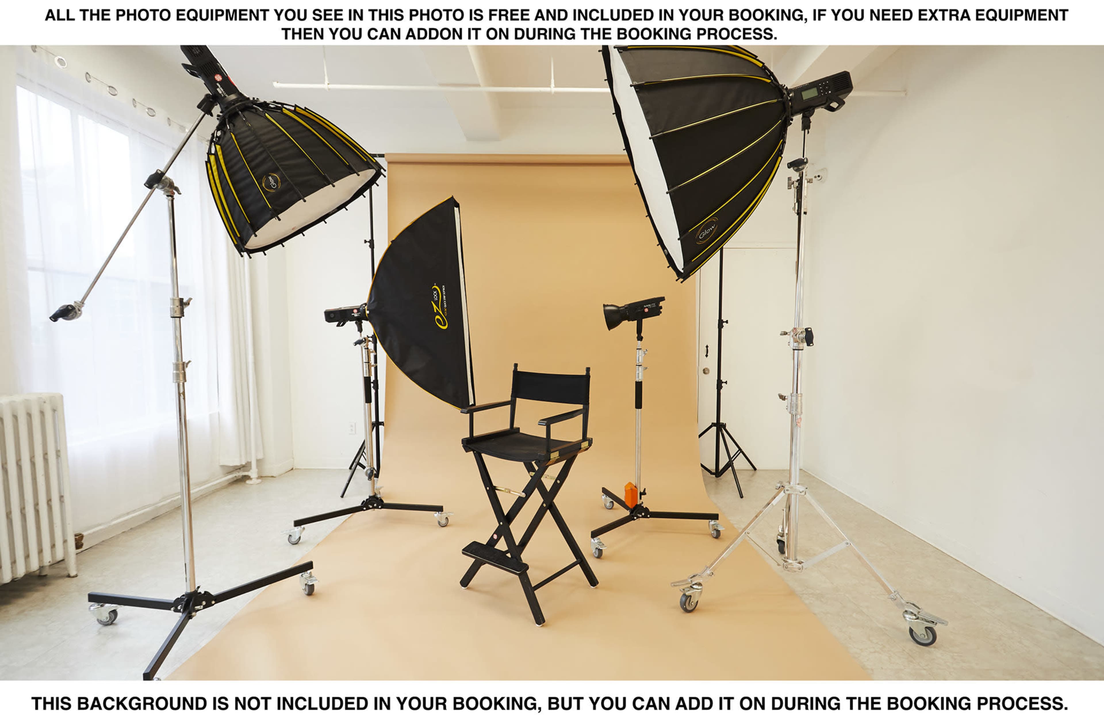 The image shows a photography studio setup featuring two softbox lights, a hair light, and a director's chair positioned in front of a beige backdrop.