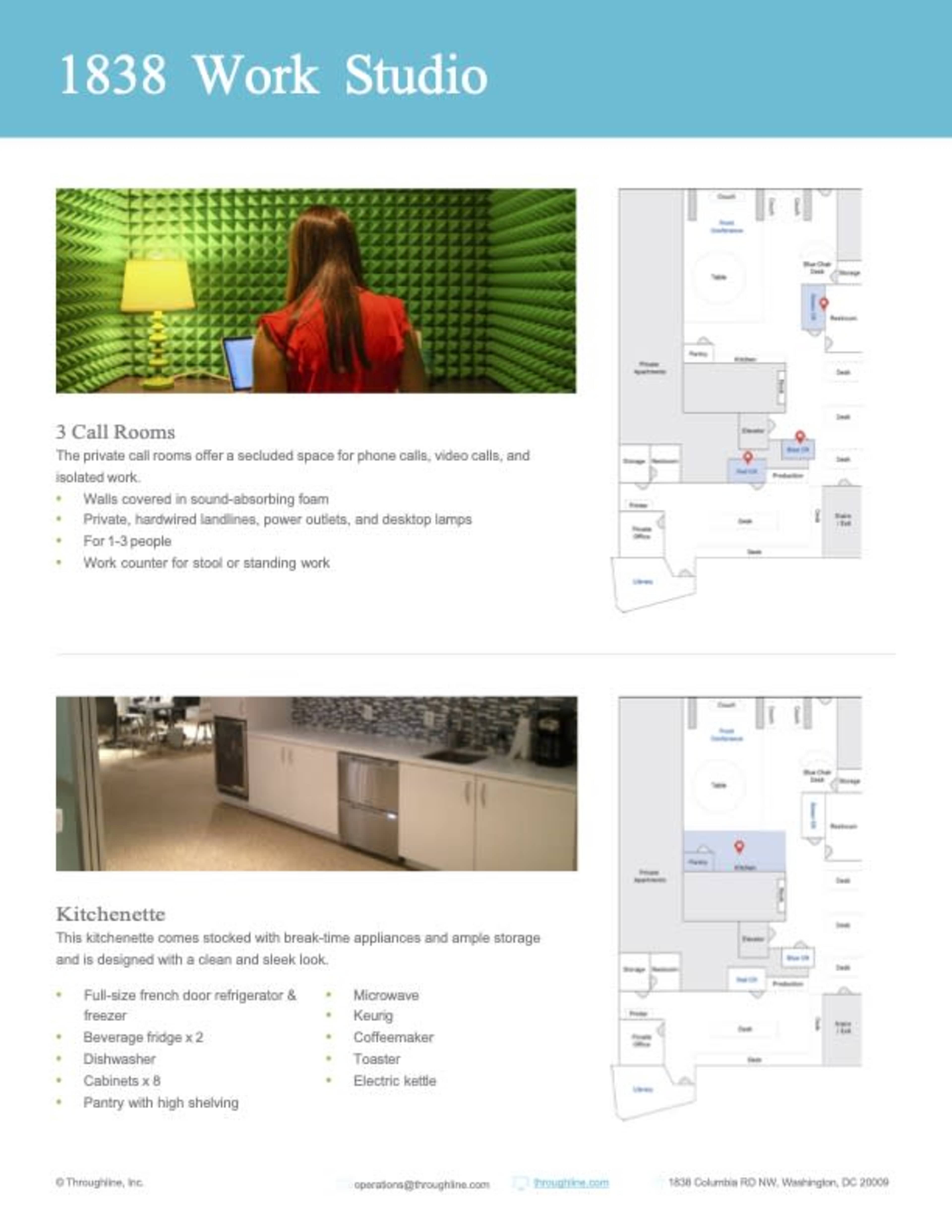 The image features a layout and description of a work studio, highlighting three call rooms designed for video calls and private work, alongside a kitchenette with modern appliances and storage options.