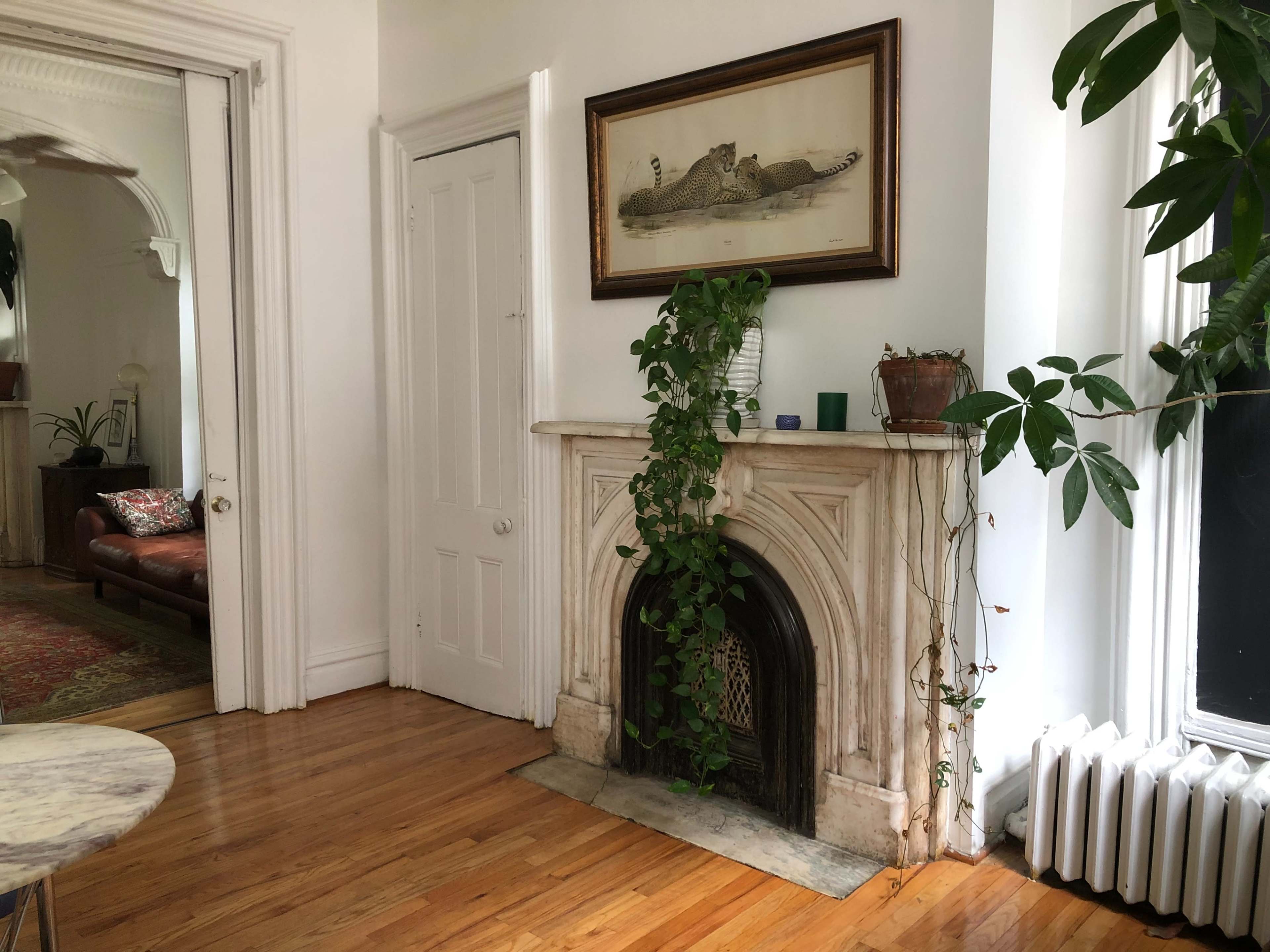 A bright room featuring a white marble fireplace adorned with a plant, framed artwork above it, hardwood floors, and an open doorway leading to a neighboring room.