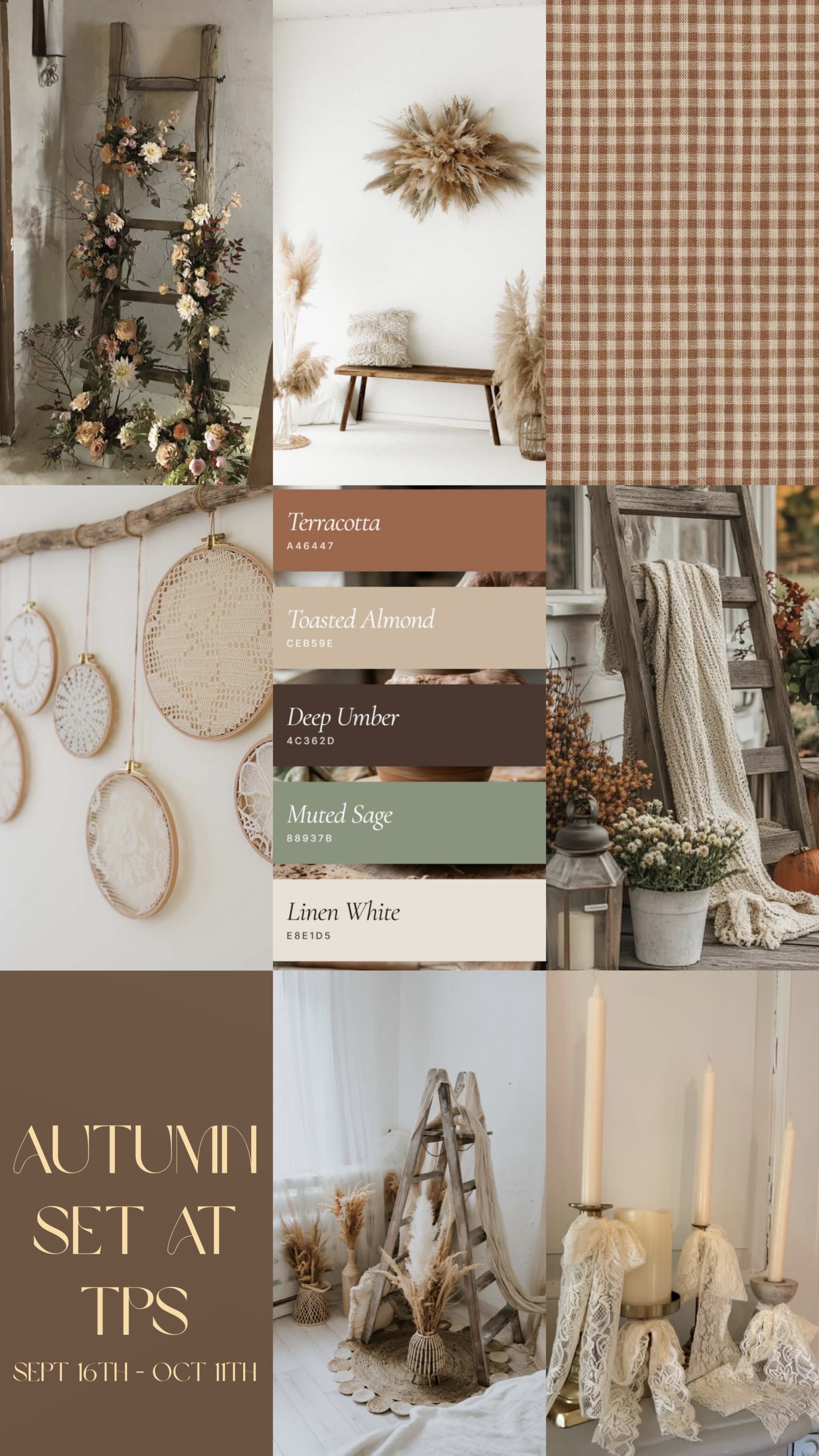 The image displays a collage featuring an autumn-themed set with warm colors, decorative elements like dried flowers and textiles, and a color palette including shades such as terracotta and muted sage.