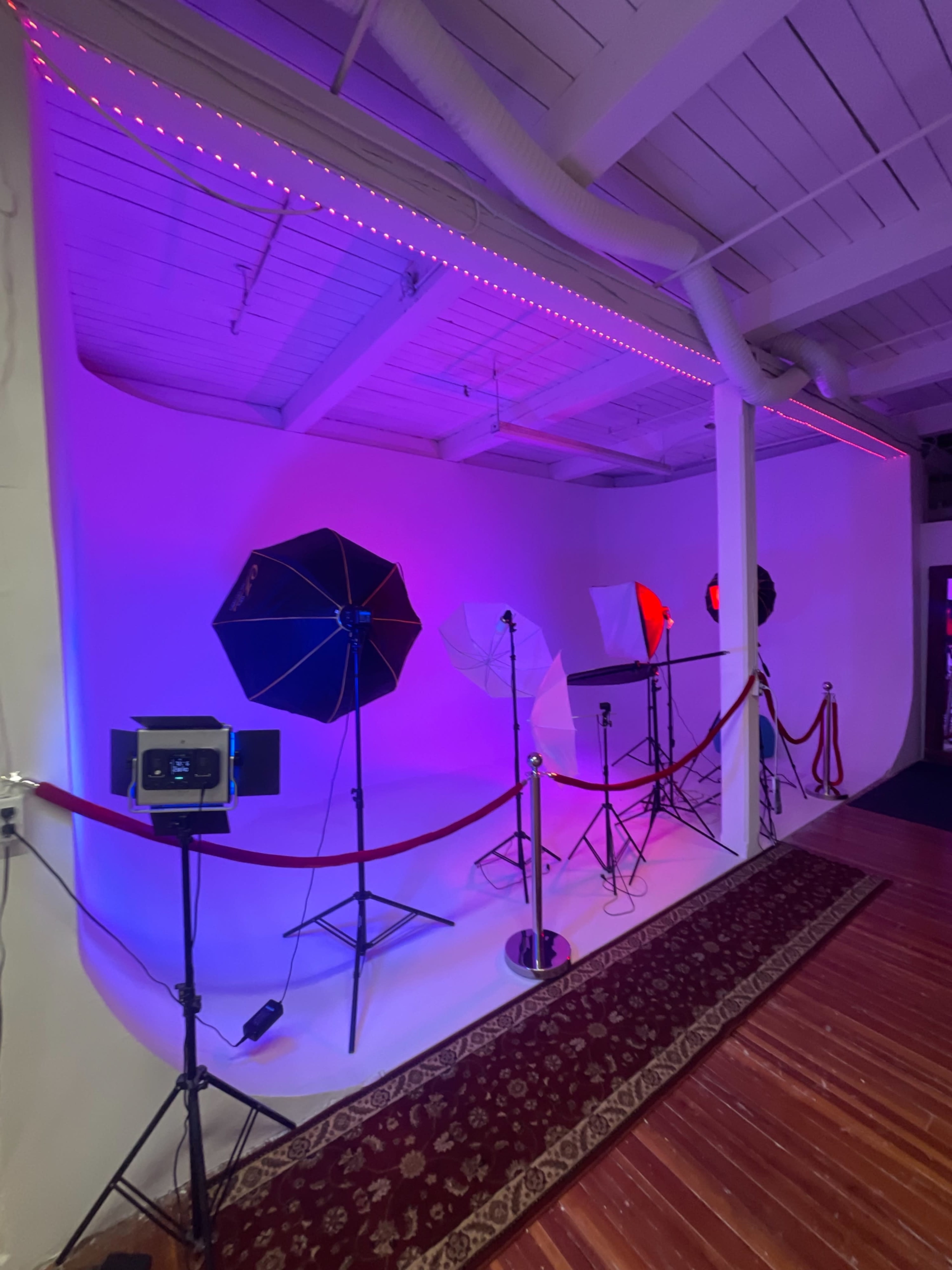 The image shows a studio setup with lighting equipment, including umbrellas and softboxes, arranged against a white wall and a red carpet.