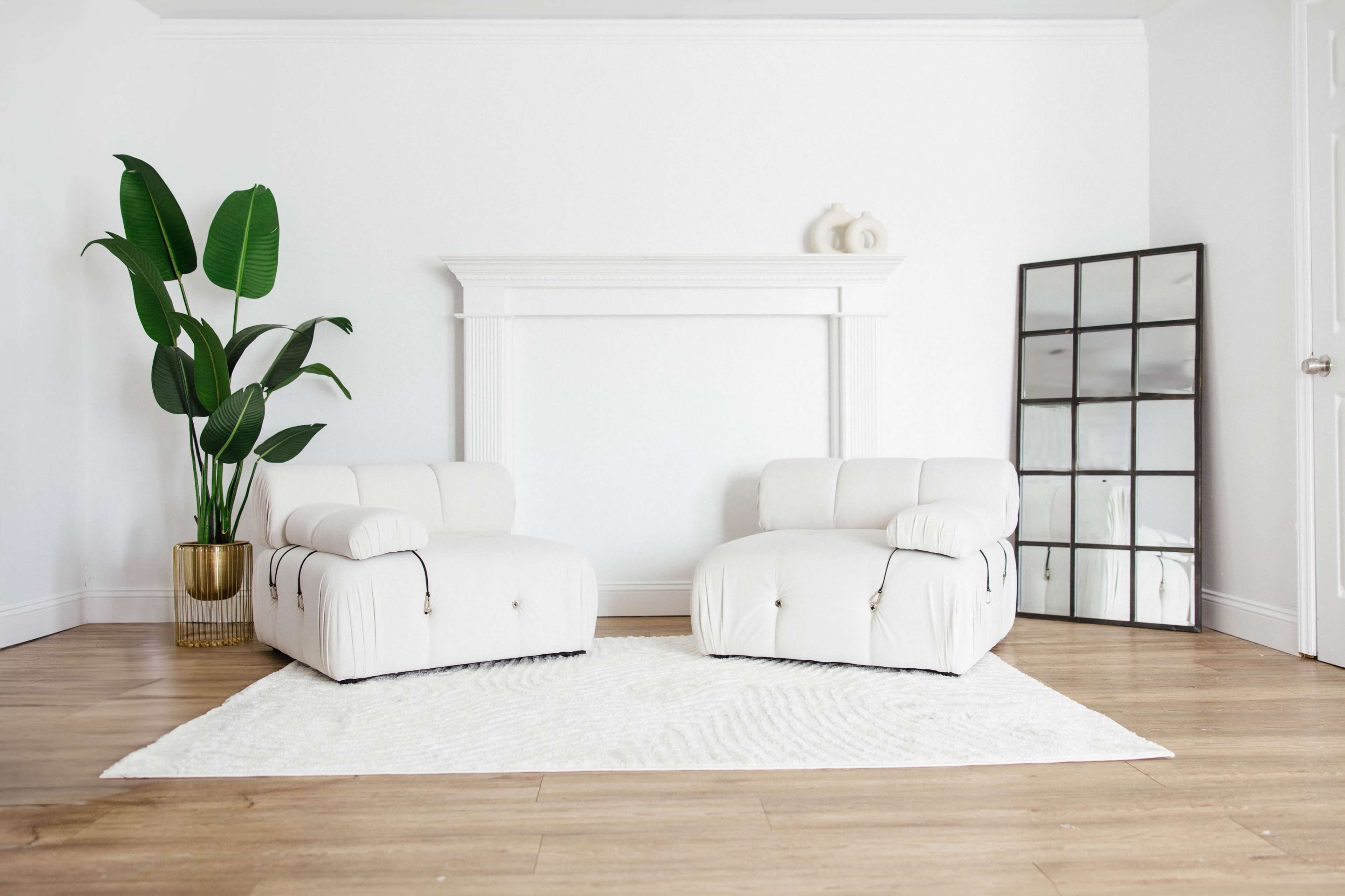 The image shows a minimalist living room featuring two white modern chairs, a large mirror, a decorative plant, and a textured area rug on wooden flooring.
