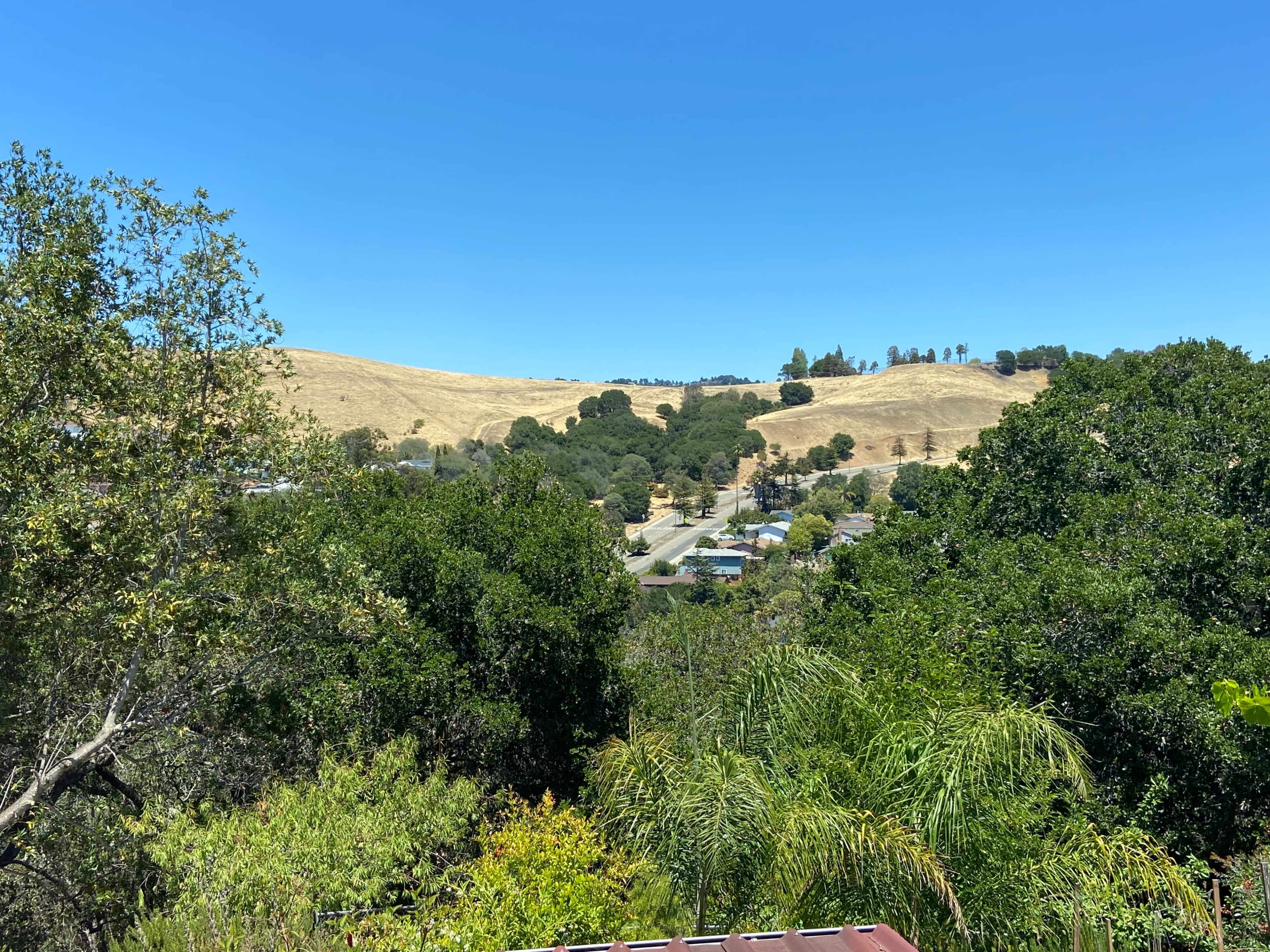 A view of rolling hills and a residential area with houses nestled among trees under a clear blue sky.