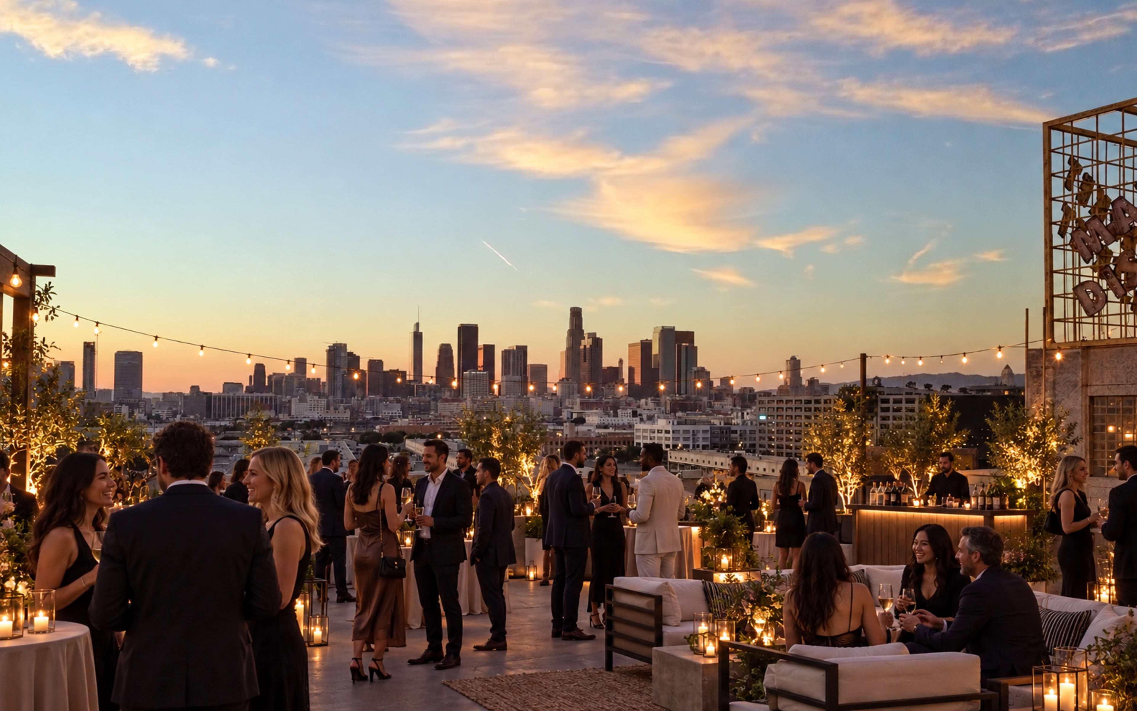 A rooftop event takes place at dusk with the Los Angeles skyline in the background, featuring guests mingling and chatting among decorative lighting and plants.