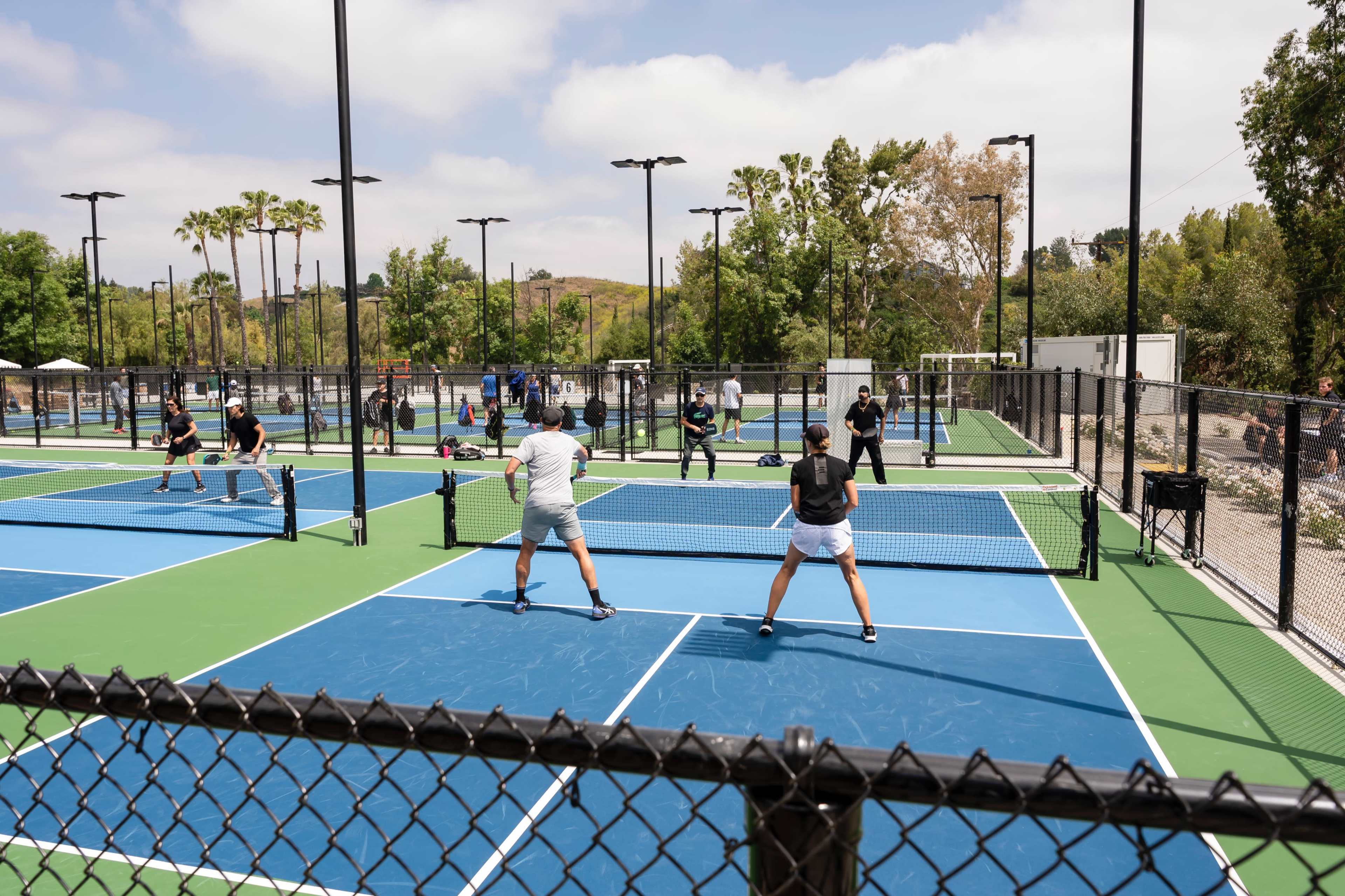 Players engage in a doubles match on pickleball courts surrounded by palm trees and a blue sky.