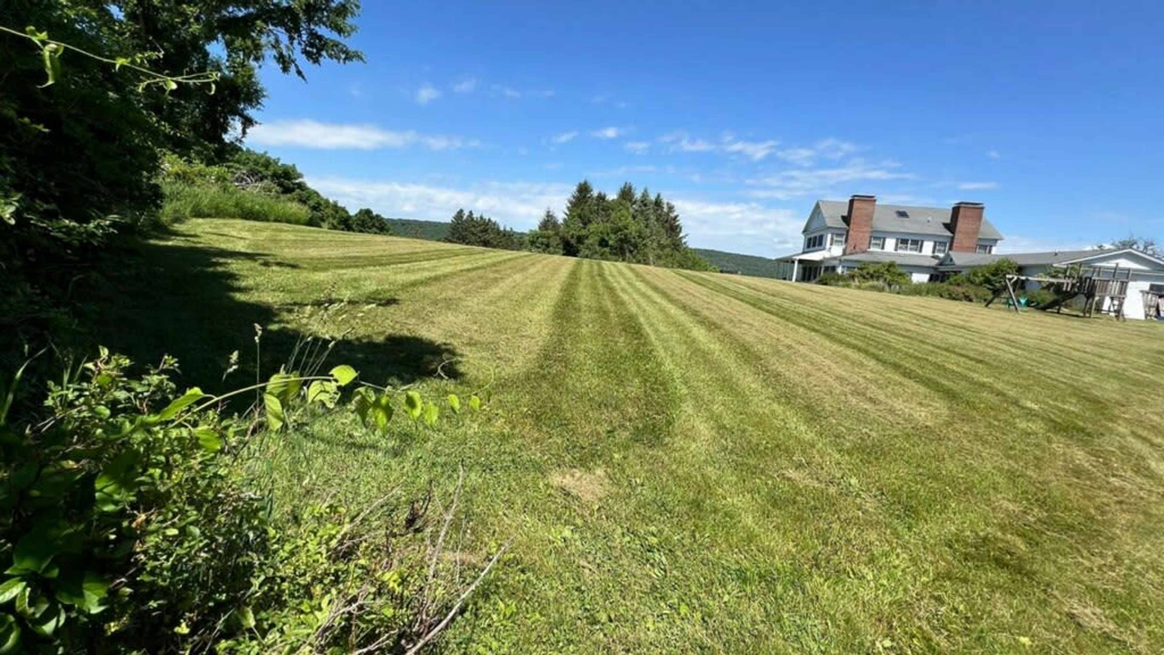A neatly mowed lawn slopes down towards a large, two-story house under a clear blue sky.