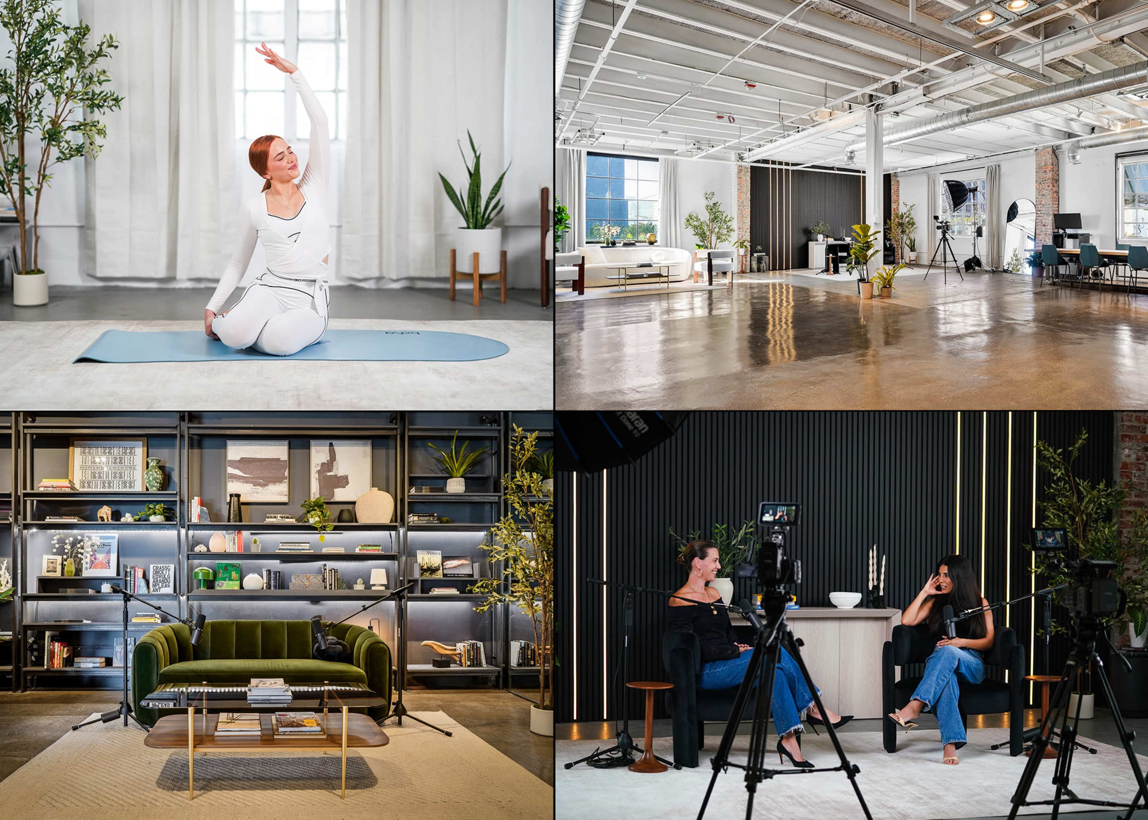 The image features four quadrants: a woman practicing yoga on a mat, a spacious studio with modern furnishings, a stylishly arranged living room with a green sofa, and two women engaged in conversation in a well-lit setting with cameras directed at them.