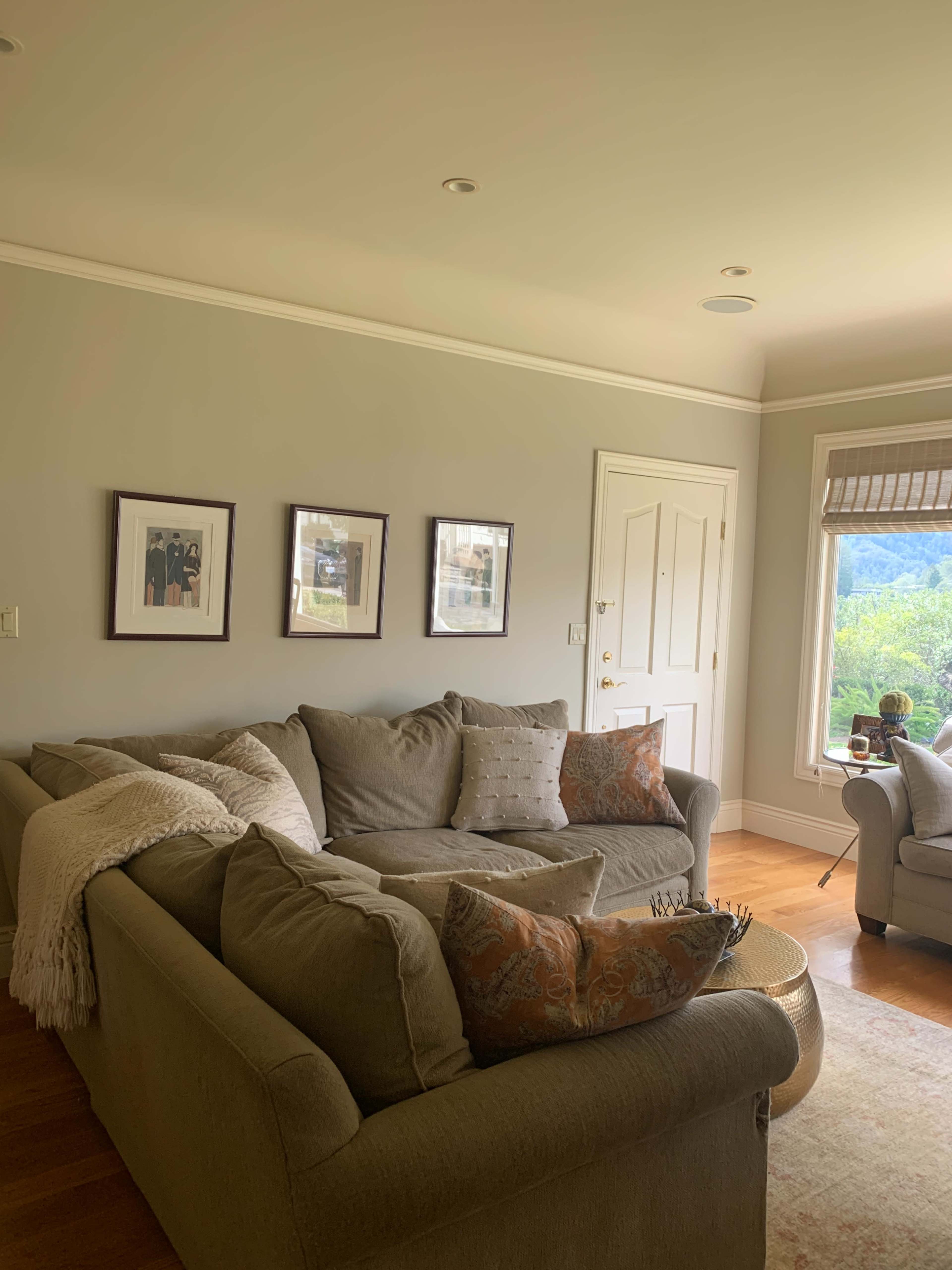 A cozy living room with a gray sofa and framed artwork on the wall, next to a door and a window with a view of greenery outside.