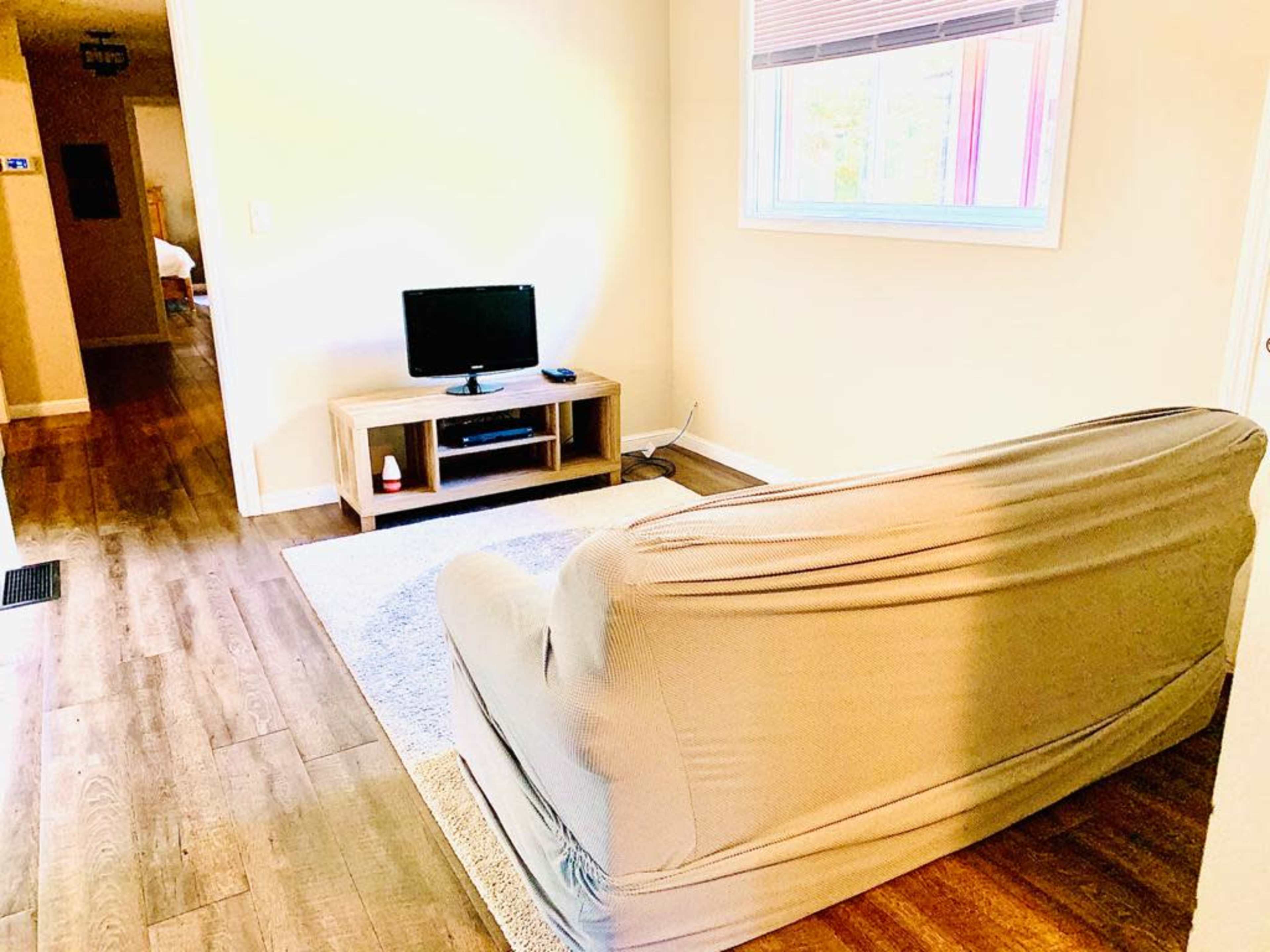 The image shows a living room with a sofa, a television on a wooden stand, and a carpet on the floor, illuminated by natural light from a window.