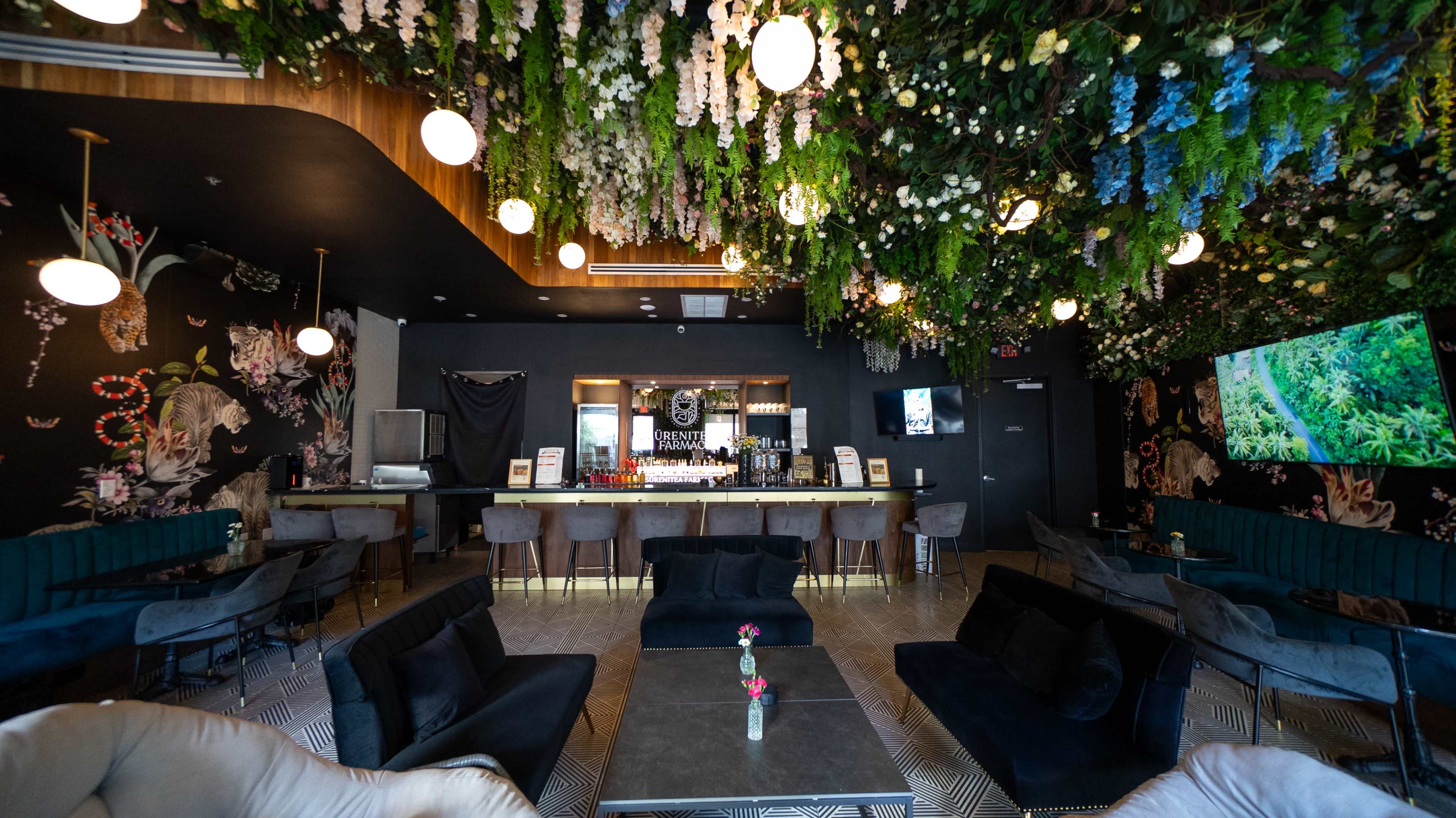 The image shows a modern bar interior with a lavish green ceiling adorned with flowers, a well-lit bar area, and stylish seating arrangements.
