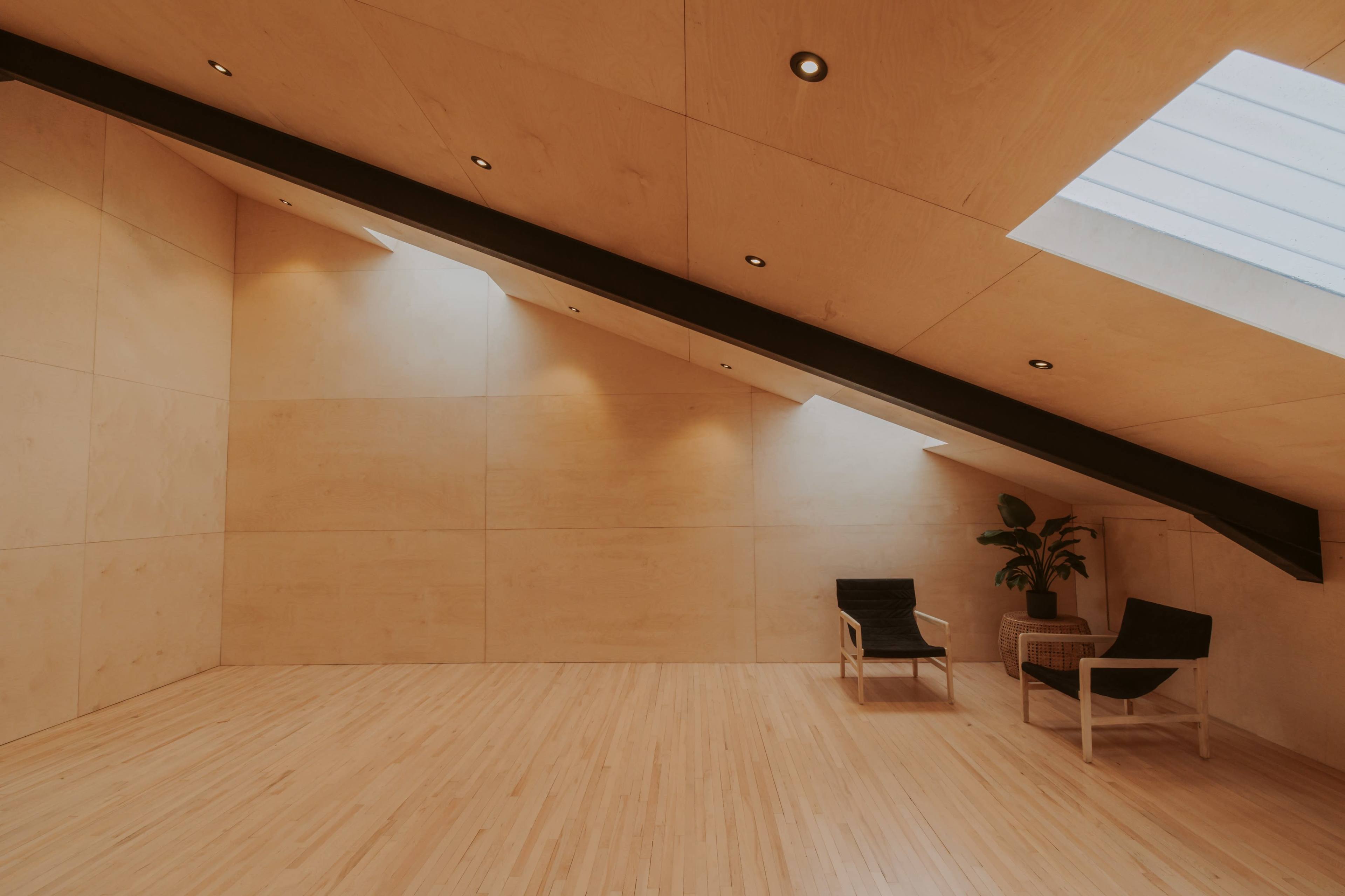 A minimalistic room with a slanted ceiling, two chairs, a small plant, and skylights along the roof.