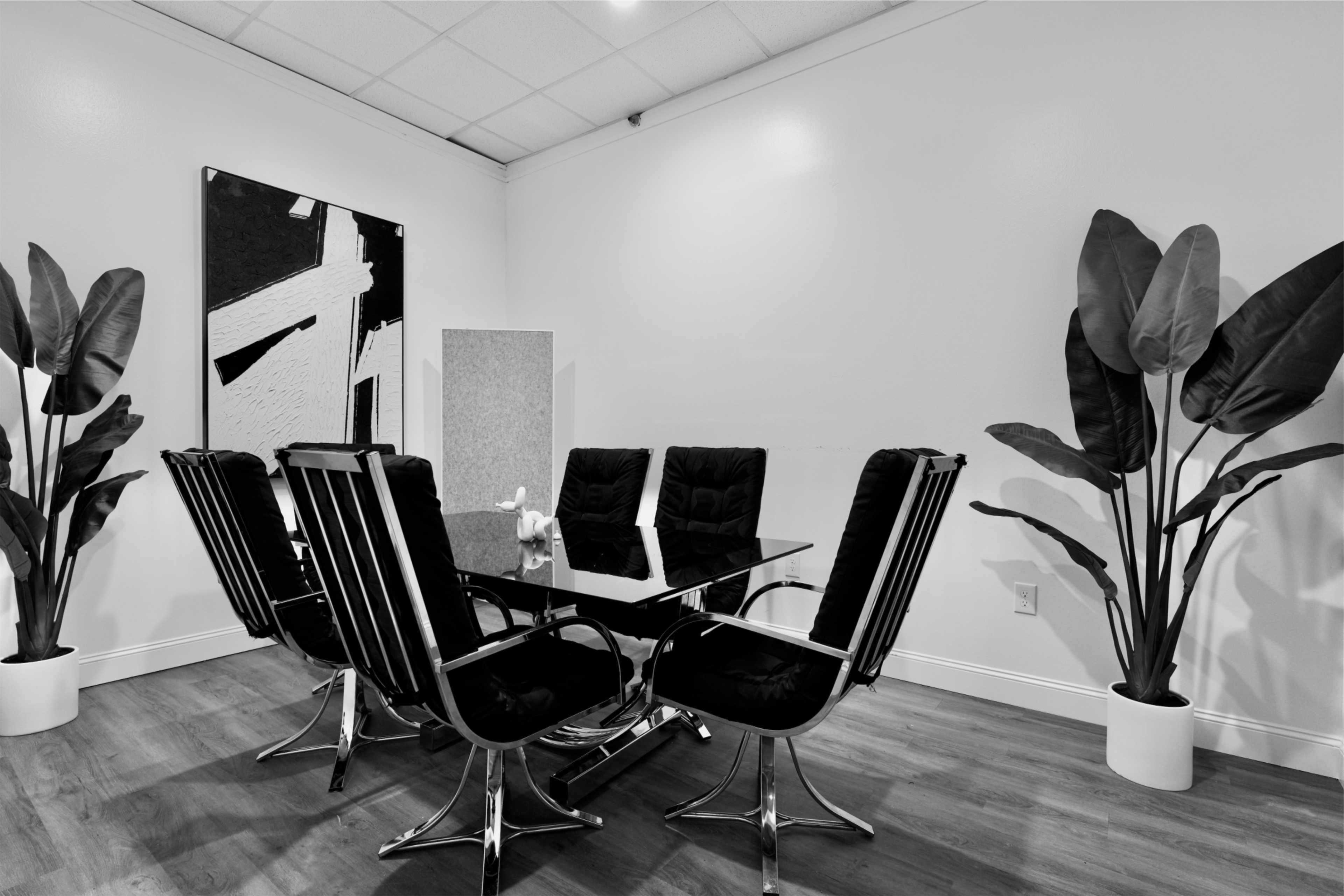 A modern conference room features a glass table surrounded by six black chairs, with large indoor plants in white pots on either side.