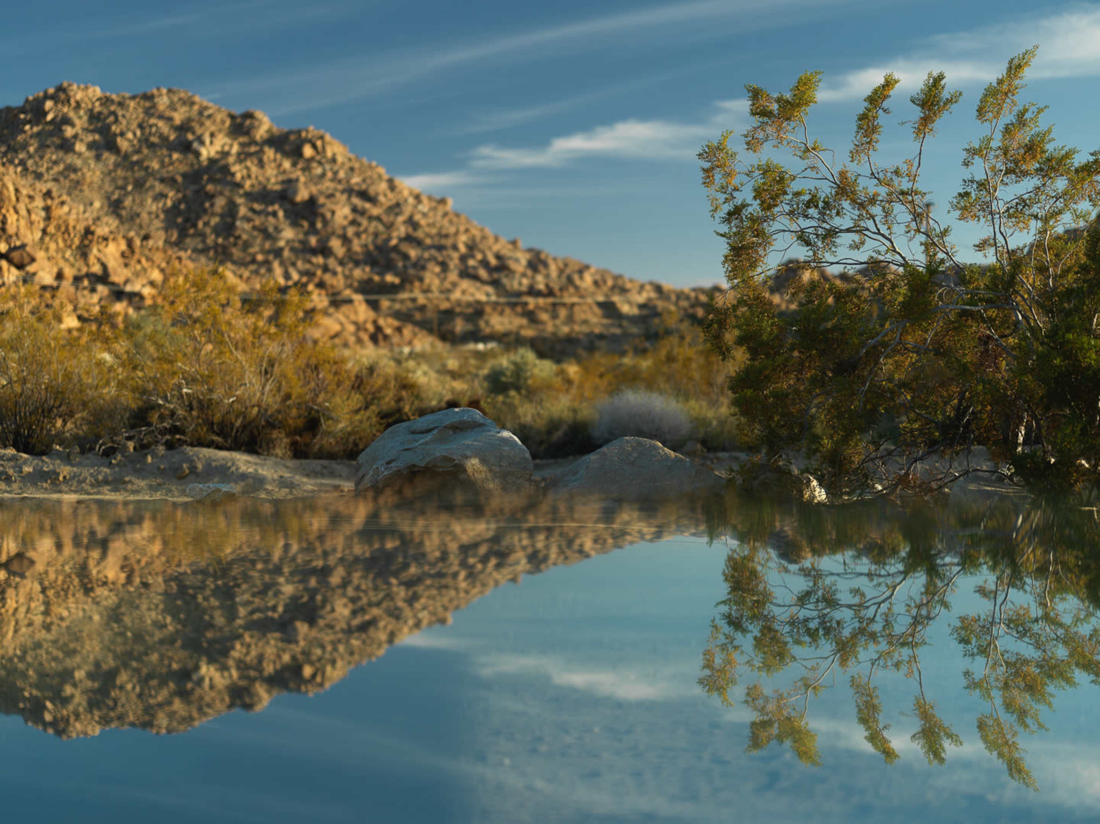 A tranquil desert landscape features a rocky hill in the background, surrounded by brush and a still body of water reflecting the scenery.