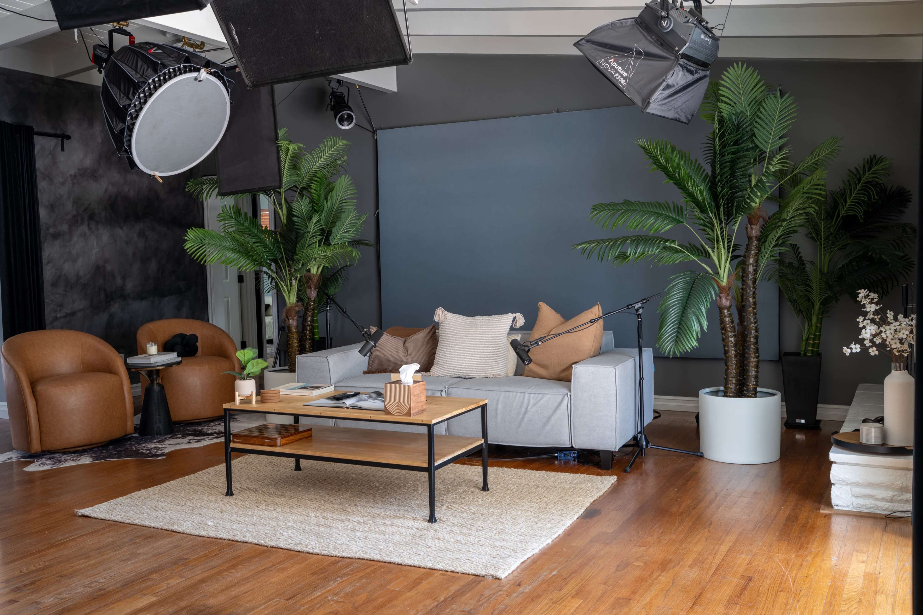 The image shows a modern living room setup featuring a gray sofa with pillows, two brown armchairs, a wooden coffee table, and large potted plants, all arranged around a textured backdrop.