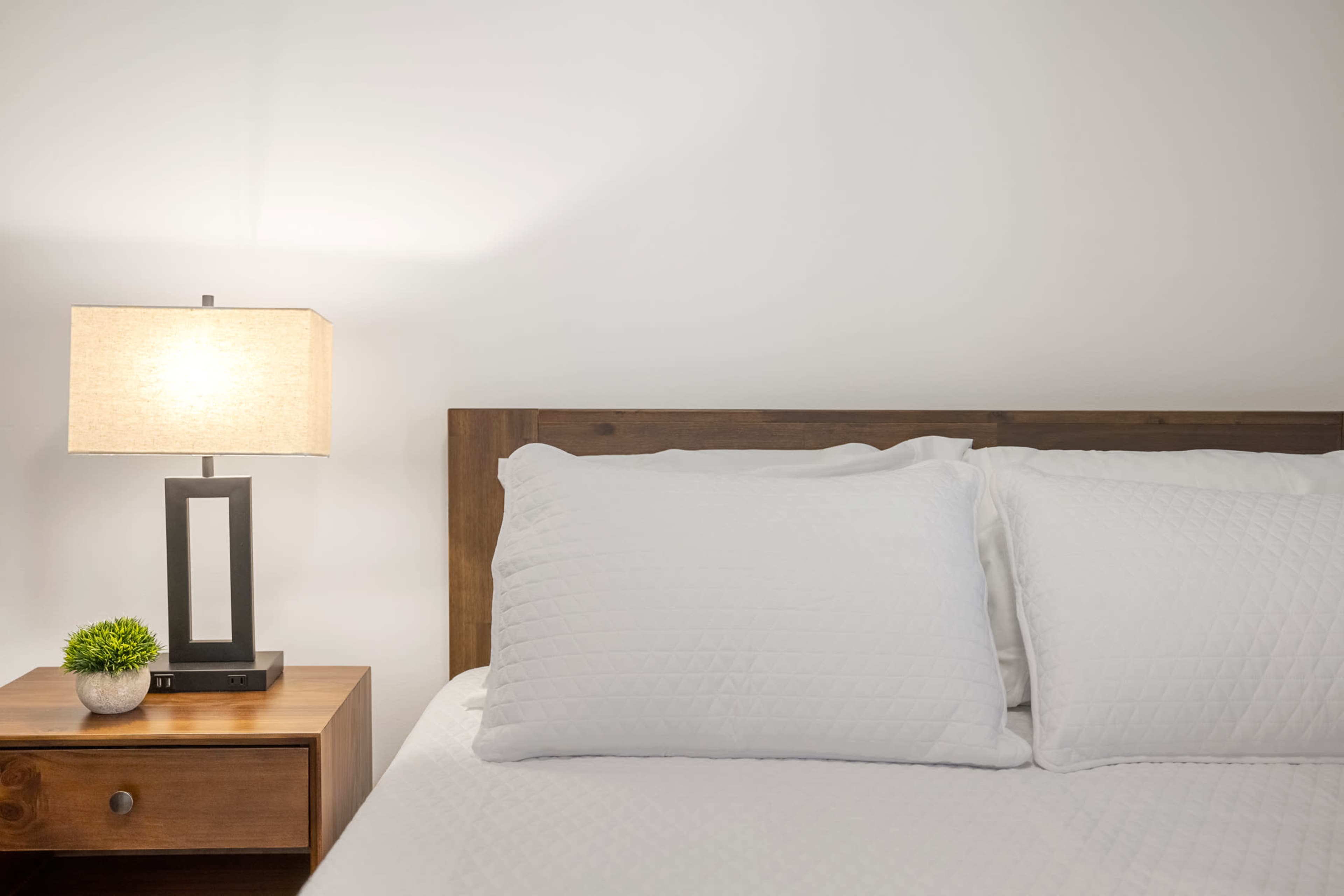A neatly made bed with white pillows next to a bedside table featuring a lamp and a small plant.