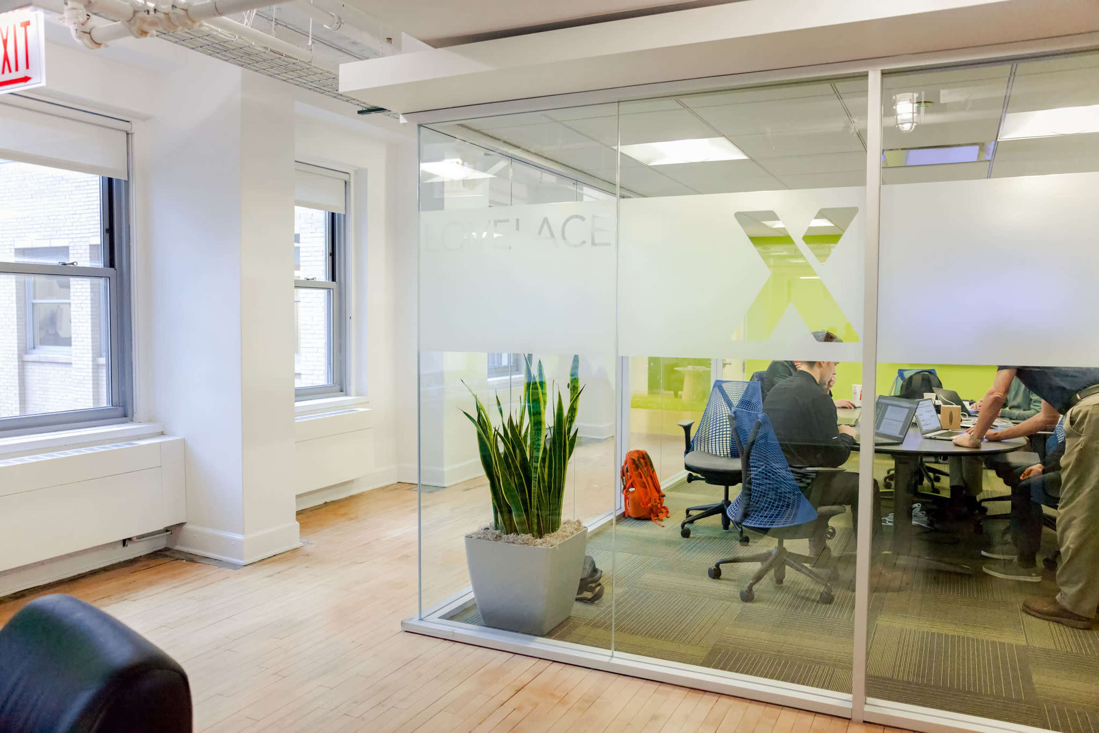 A modern office space features a glass-walled conference room with a large plant and people working at a table.