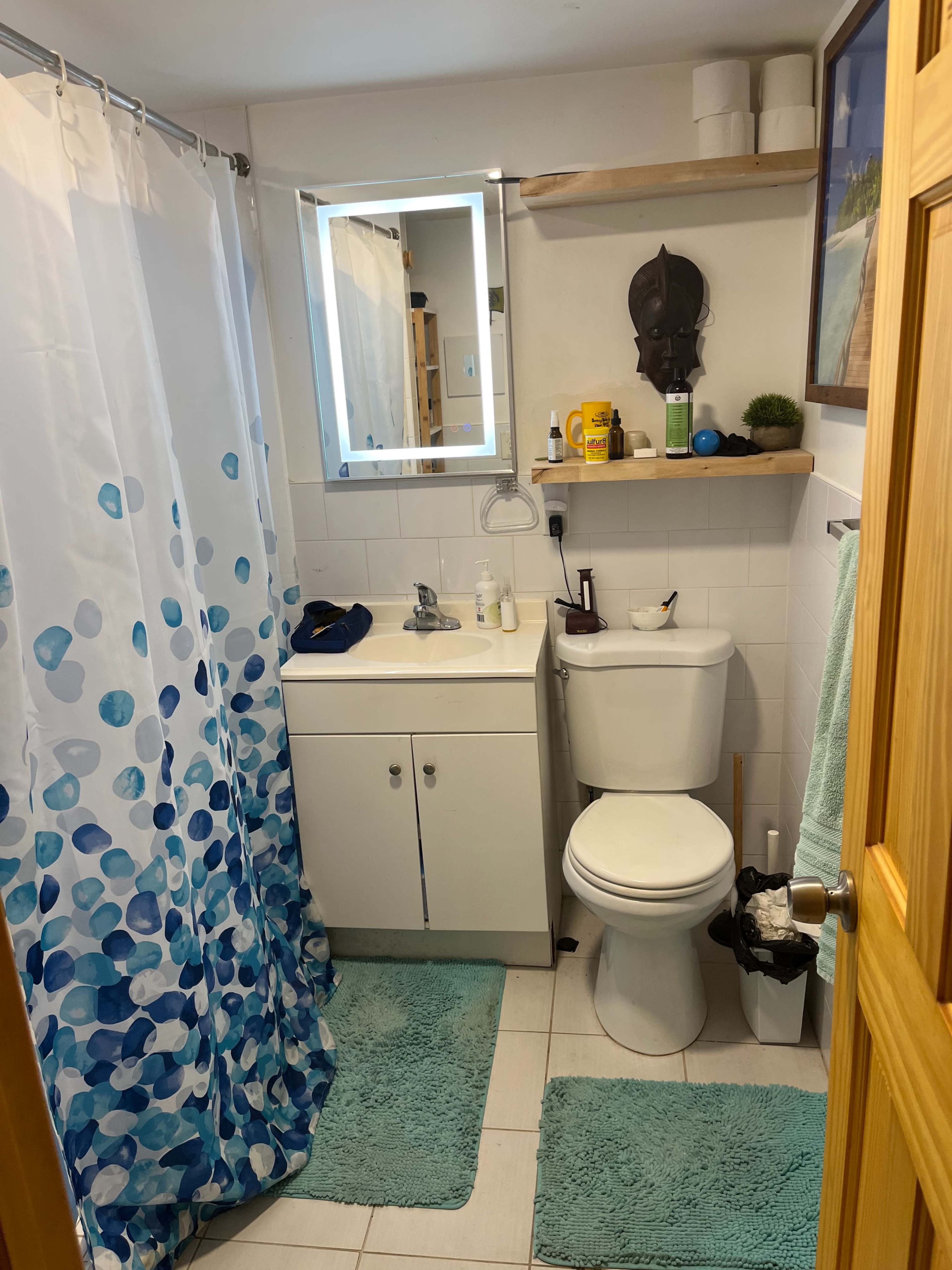 A small bathroom features a shower curtain with blue and white patterns, a white toilet, a sink cabinet, and decorative items on the wall.