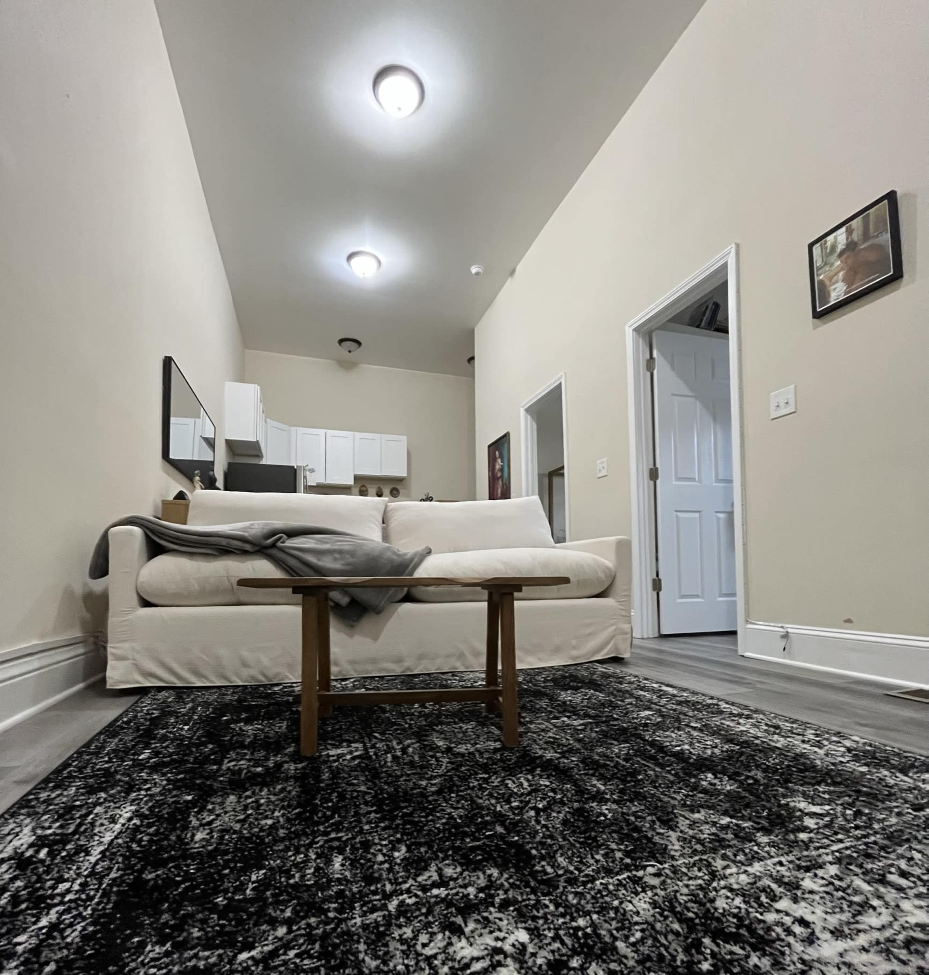 A living space features a couch and coffee table on a patterned rug, with a doorway and kitchen area visible in the background.