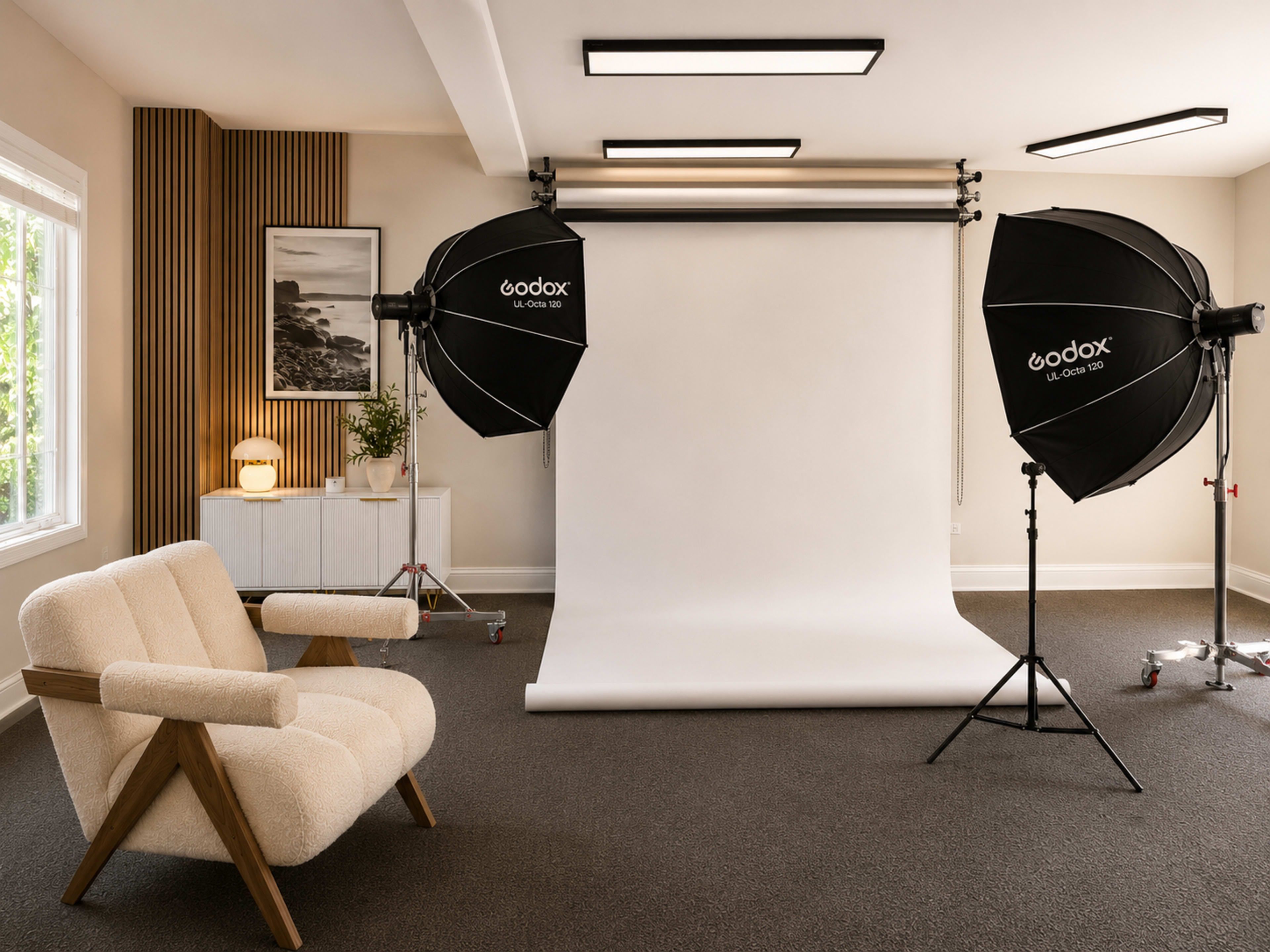 The image shows a photography studio featuring a white backdrop, two umbrella softbox lights, and a light-colored armchair positioned on a dark carpet.