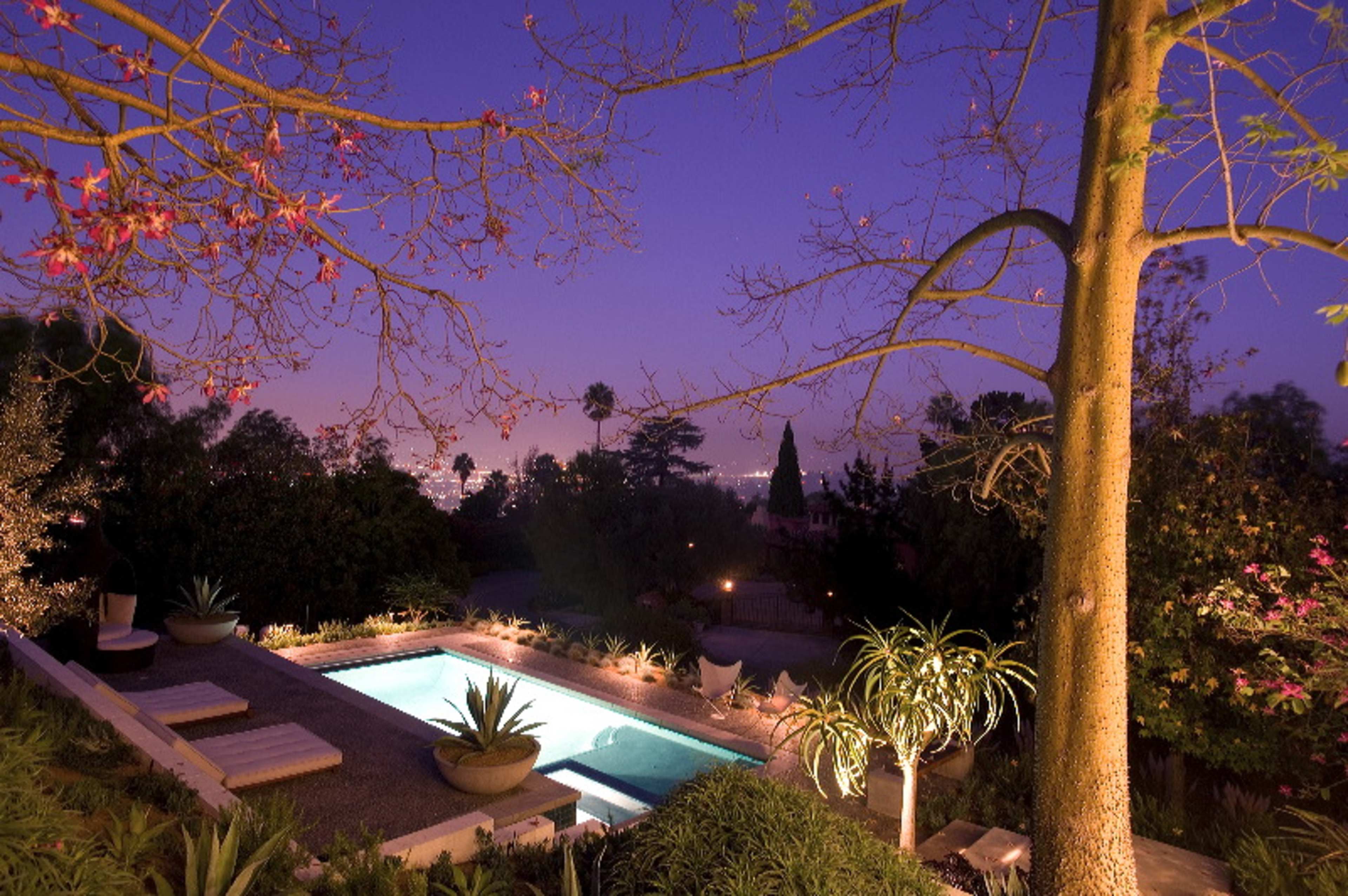 A swimming pool surrounded by trees and plants, set against a twilight sky with city lights in the background.