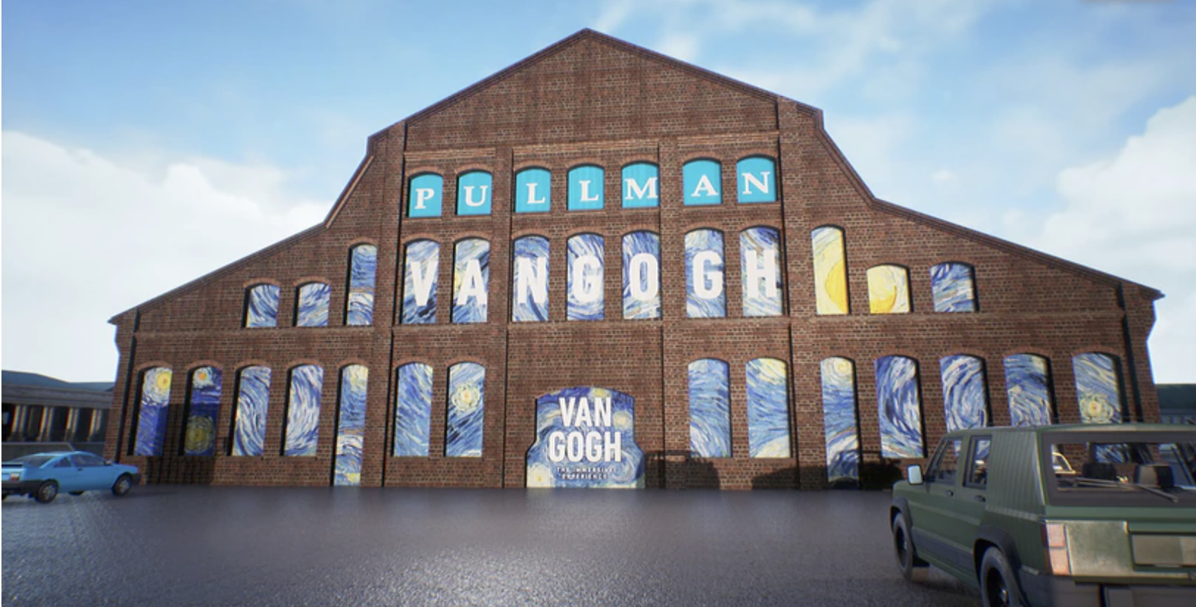 The image shows a large brick building with "VAN GOGH" displayed prominently on its facade, surrounded by artwork inspired by the artist, along with parked cars in front.