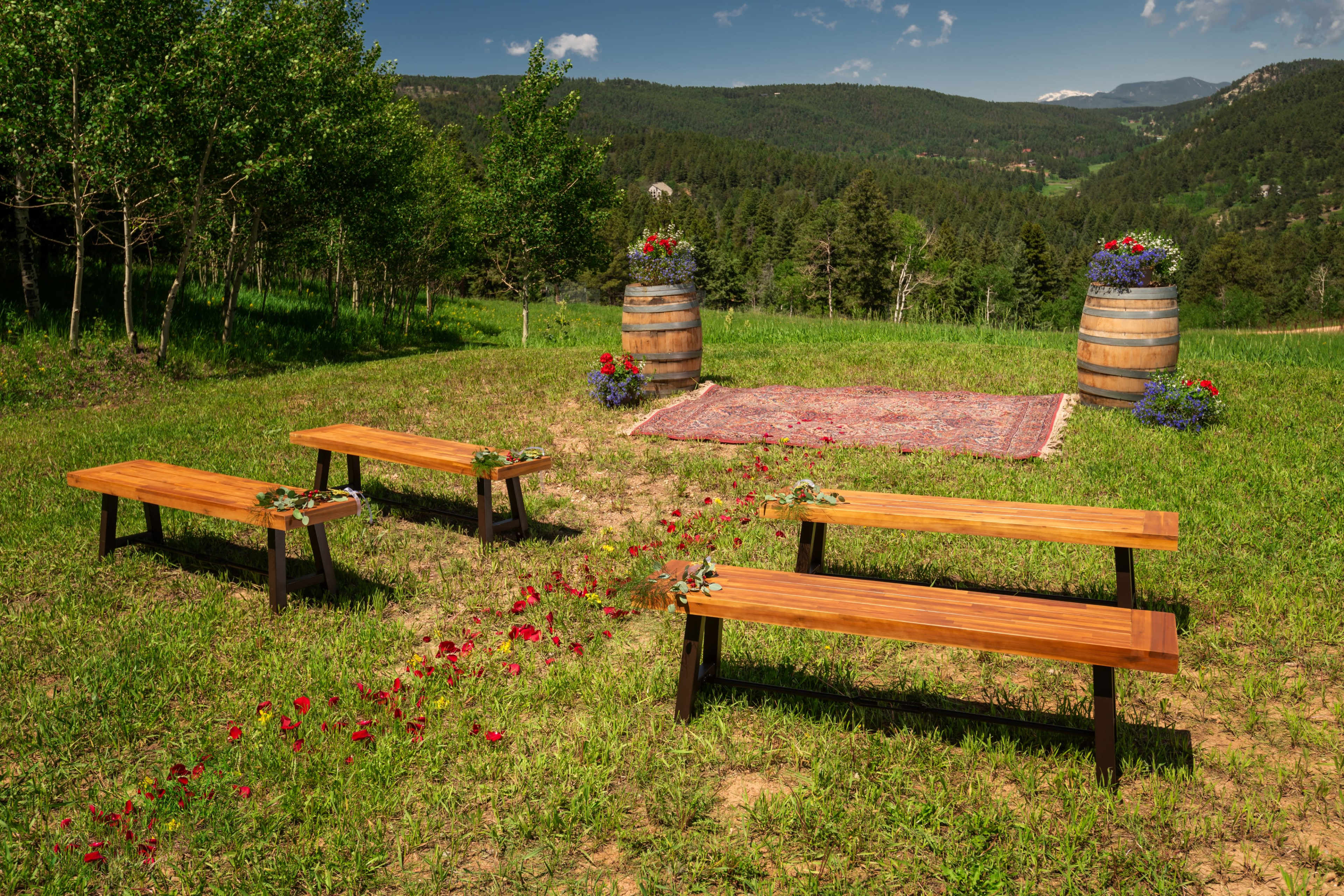 The scene features a rustic outdoor setting with wooden benches arranged around a floral-decorated area on grass, flanked by two barrels and a patterned rug.